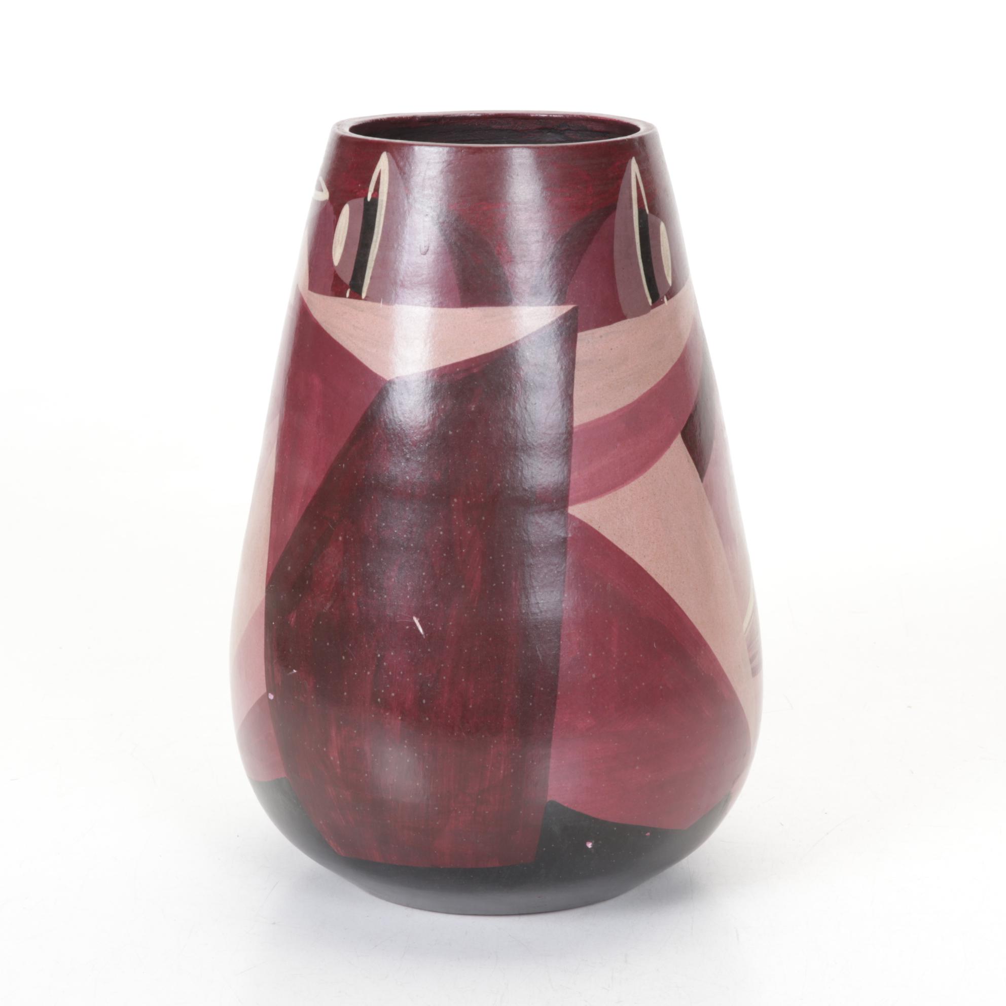 Hand-Crafted Andean Folk Art Theme Ceramic Vase, Style of Guerreros