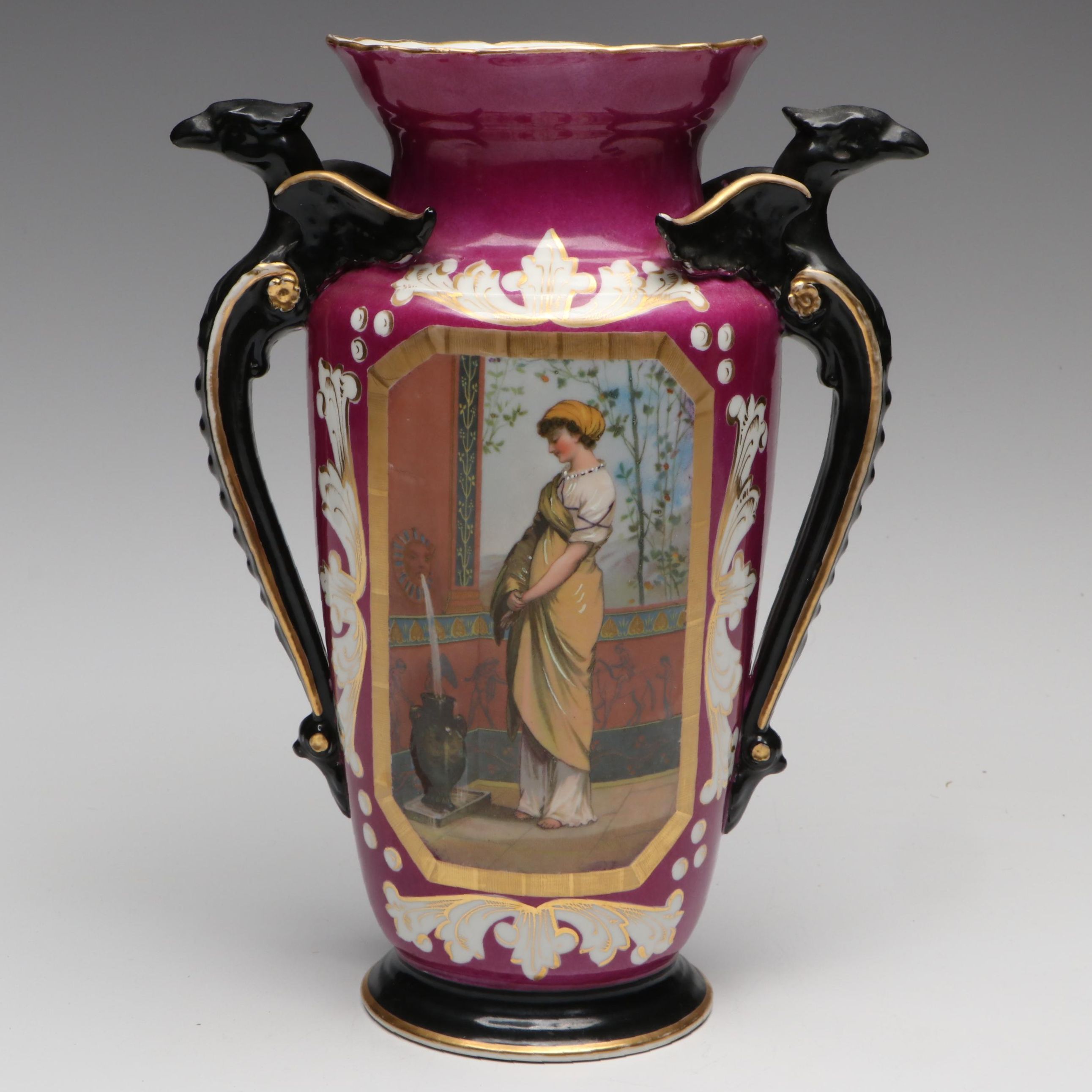 Old Paris Porcelain Hand-Painted Vase with Raised Griffin Handles, 19th Century