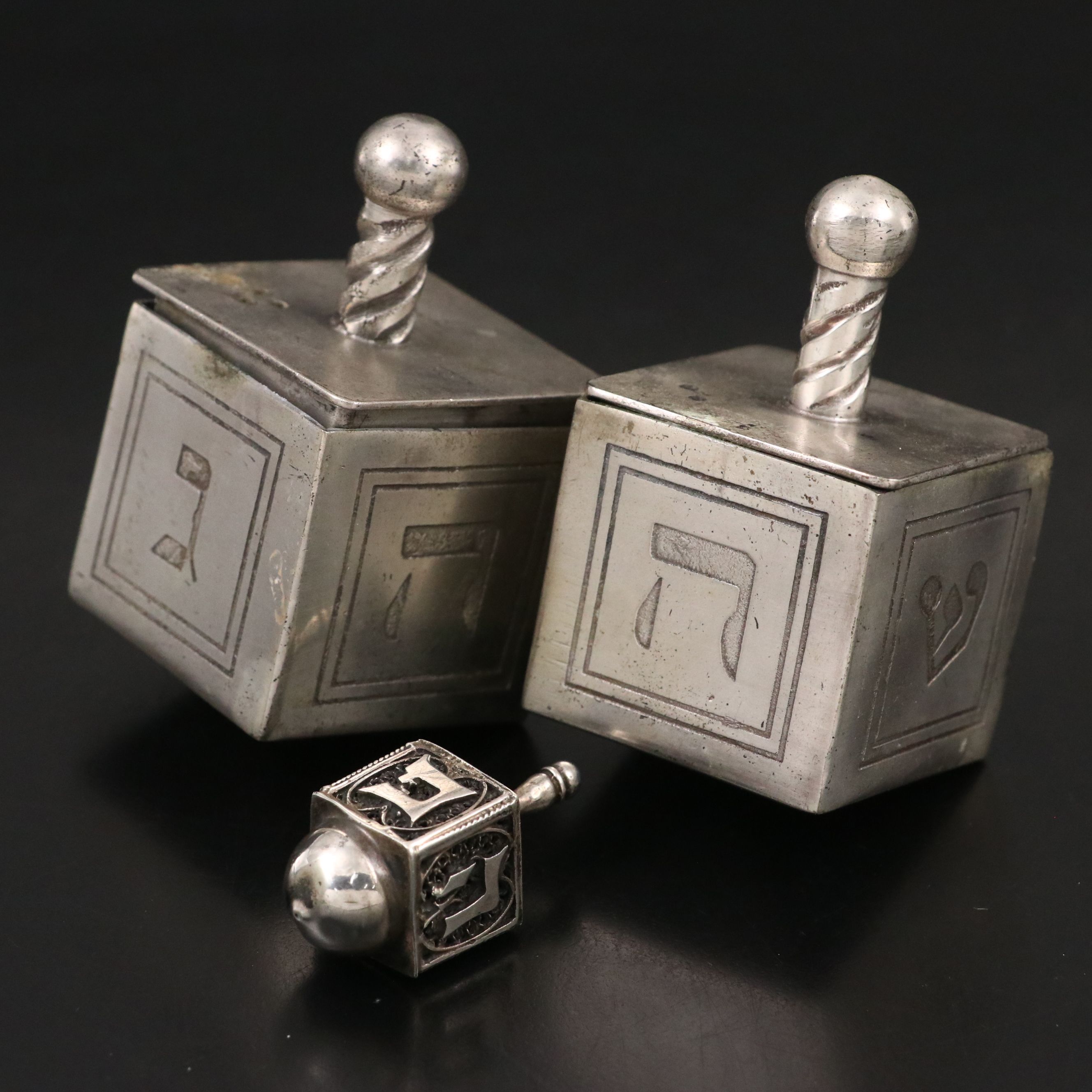 Miniature Sterling Dreidel with Metal Salt and Pepper Shakers