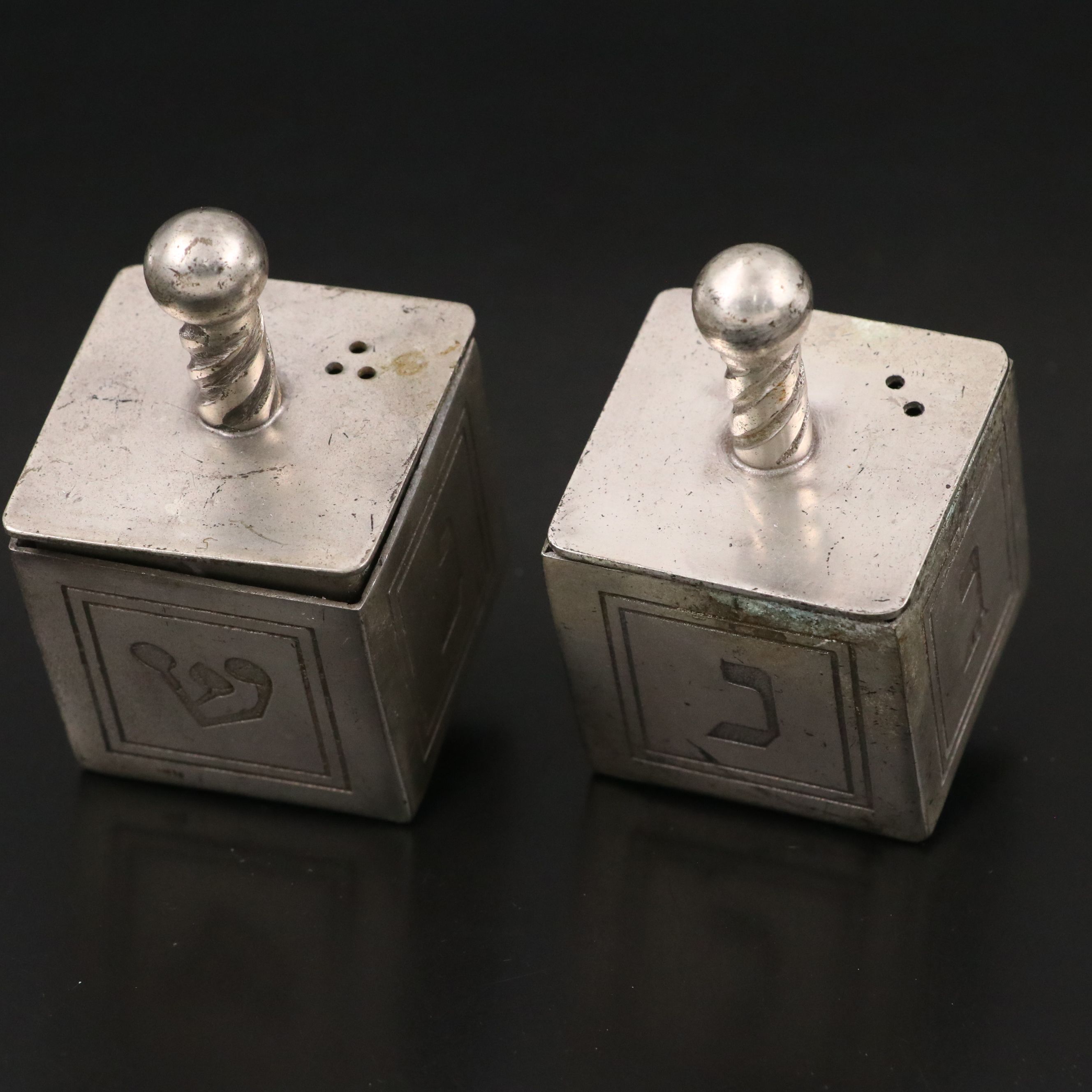 Miniature Sterling Dreidel with Metal Salt and Pepper Shakers