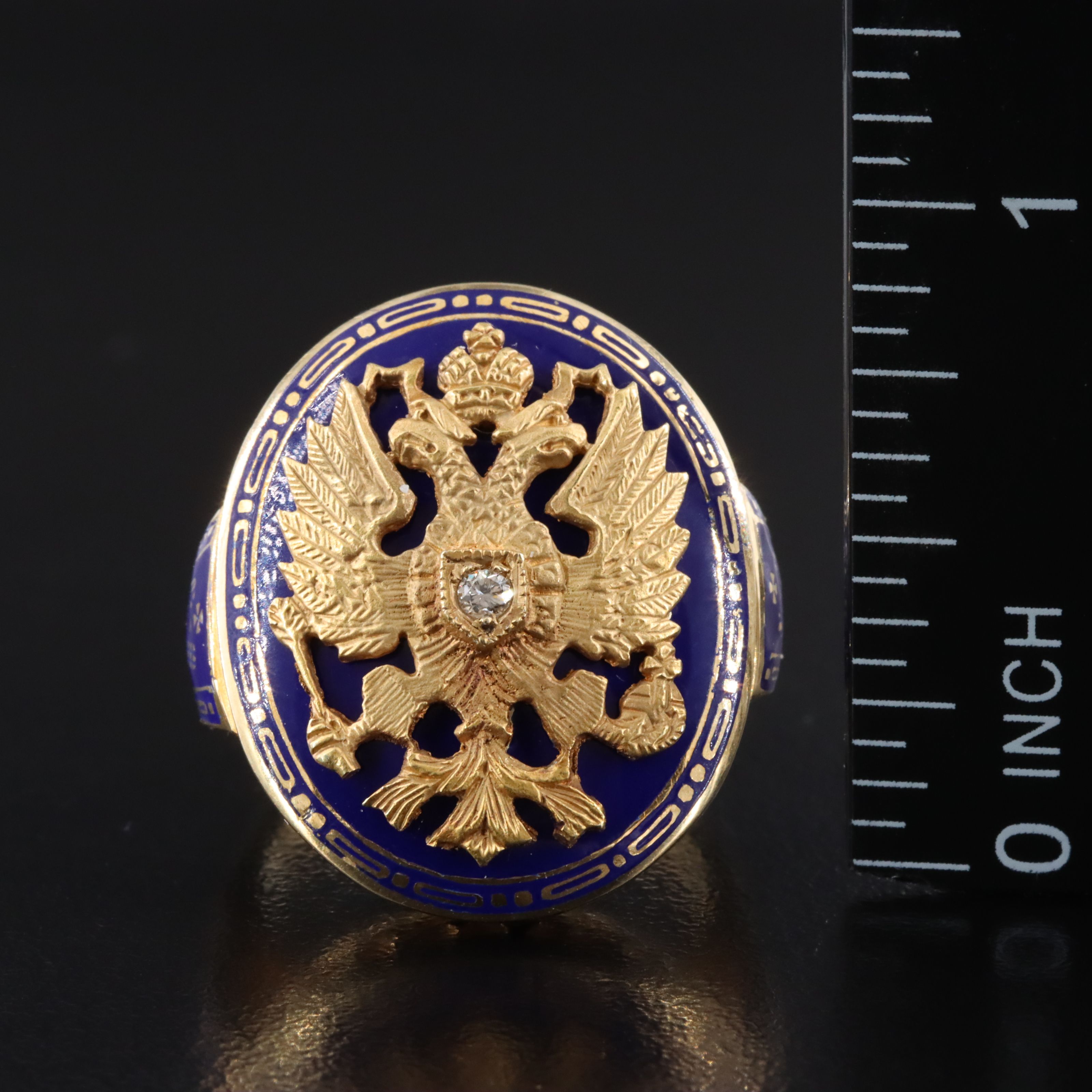 Vintage 14K Diamond and Enamel Crest Ring