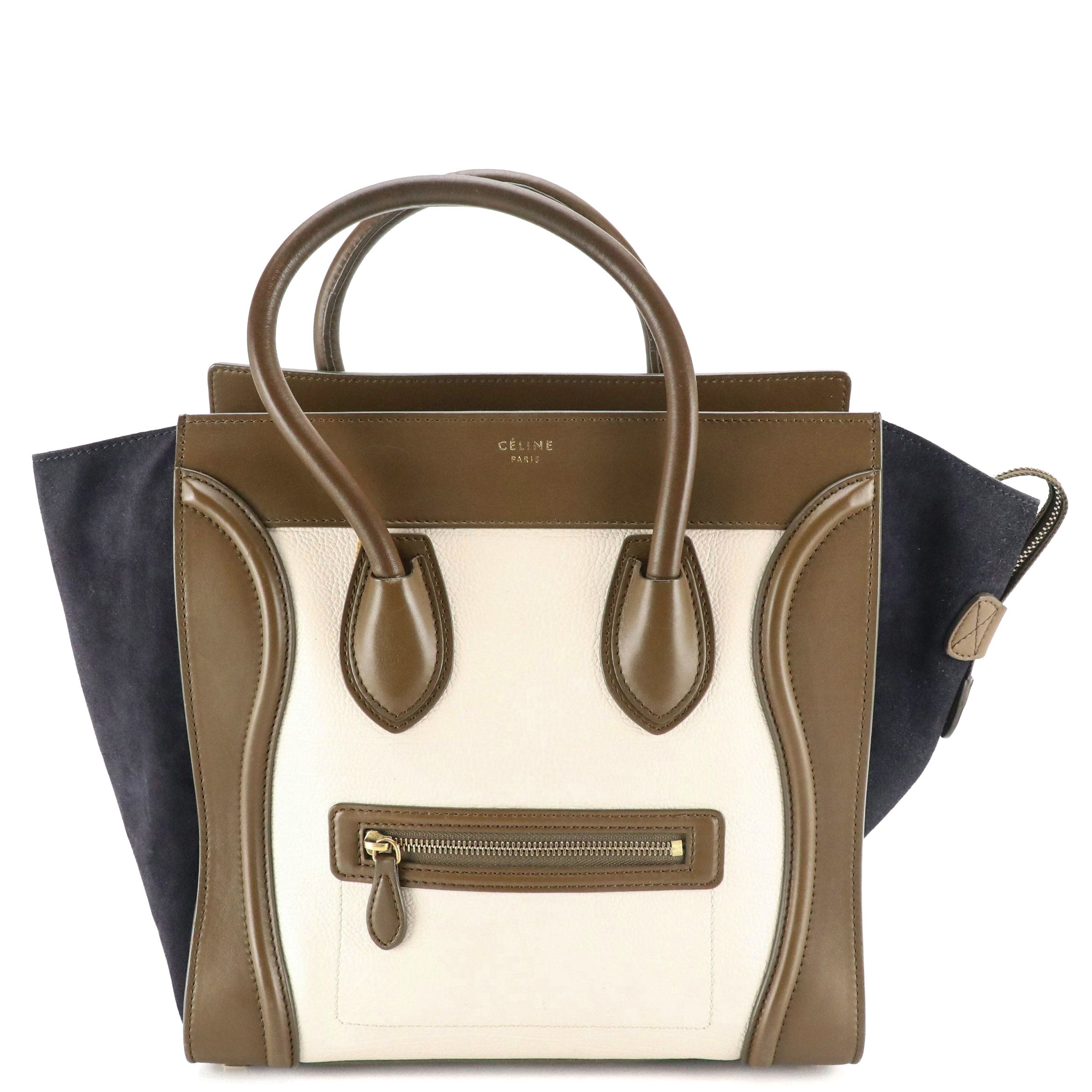 Celine Tricolor Mini Luggage Bag in Brown, Ivory and Navy Leather