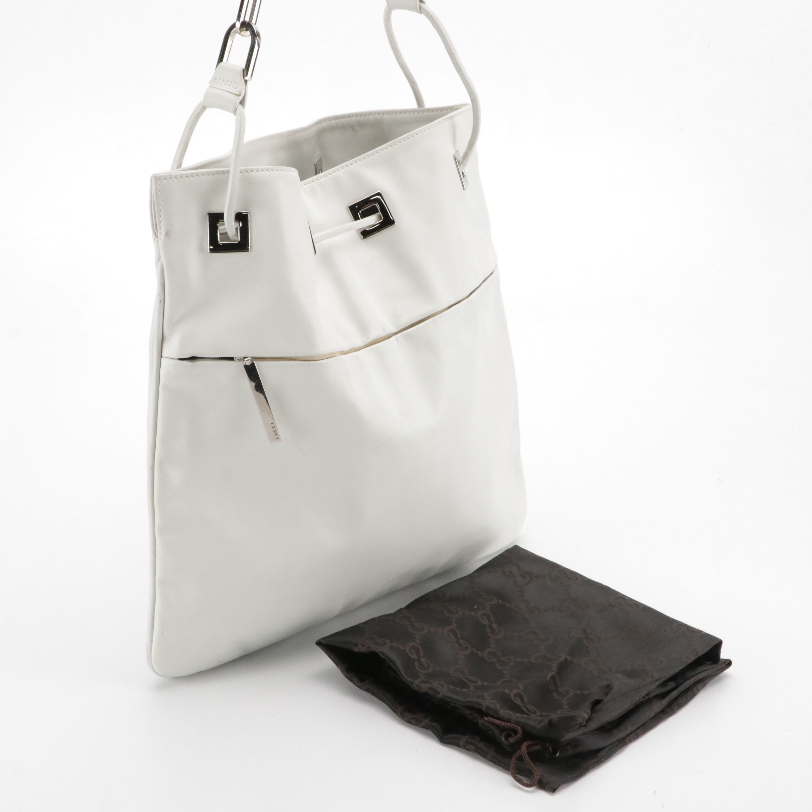 Gucci White Leather Drawstring Effect Tote with Paperclip Chain Strap