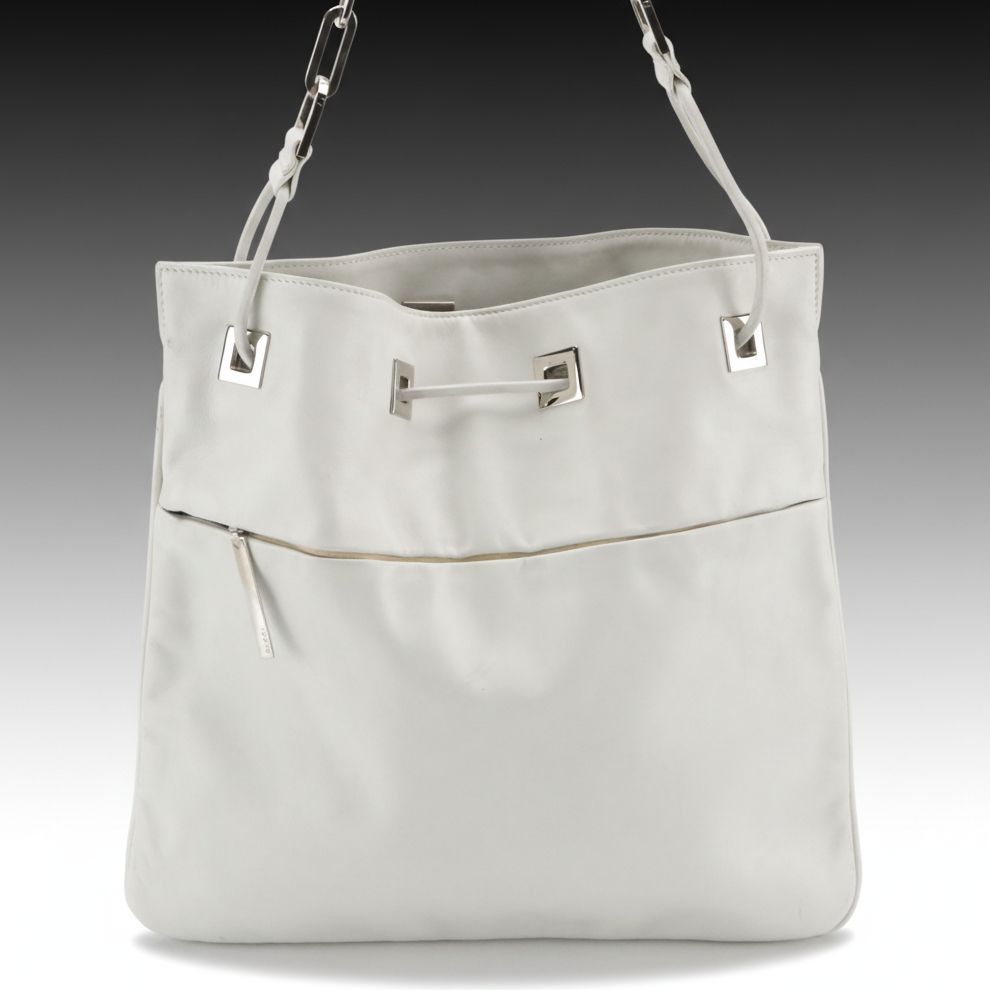 Gucci White Leather Drawstring Effect Tote with Paperclip Chain Strap