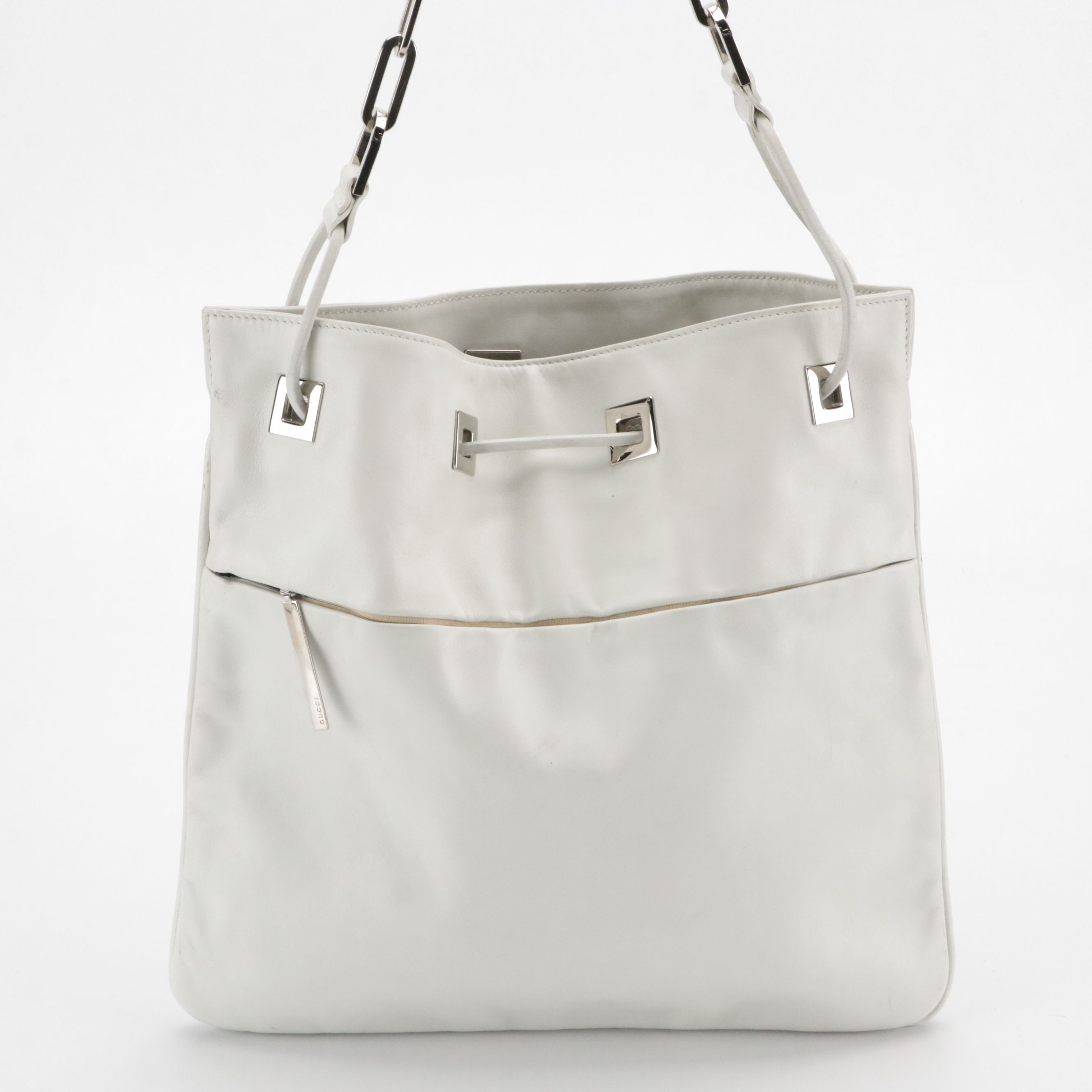 Gucci White Leather Drawstring Effect Tote with Paperclip Chain Strap