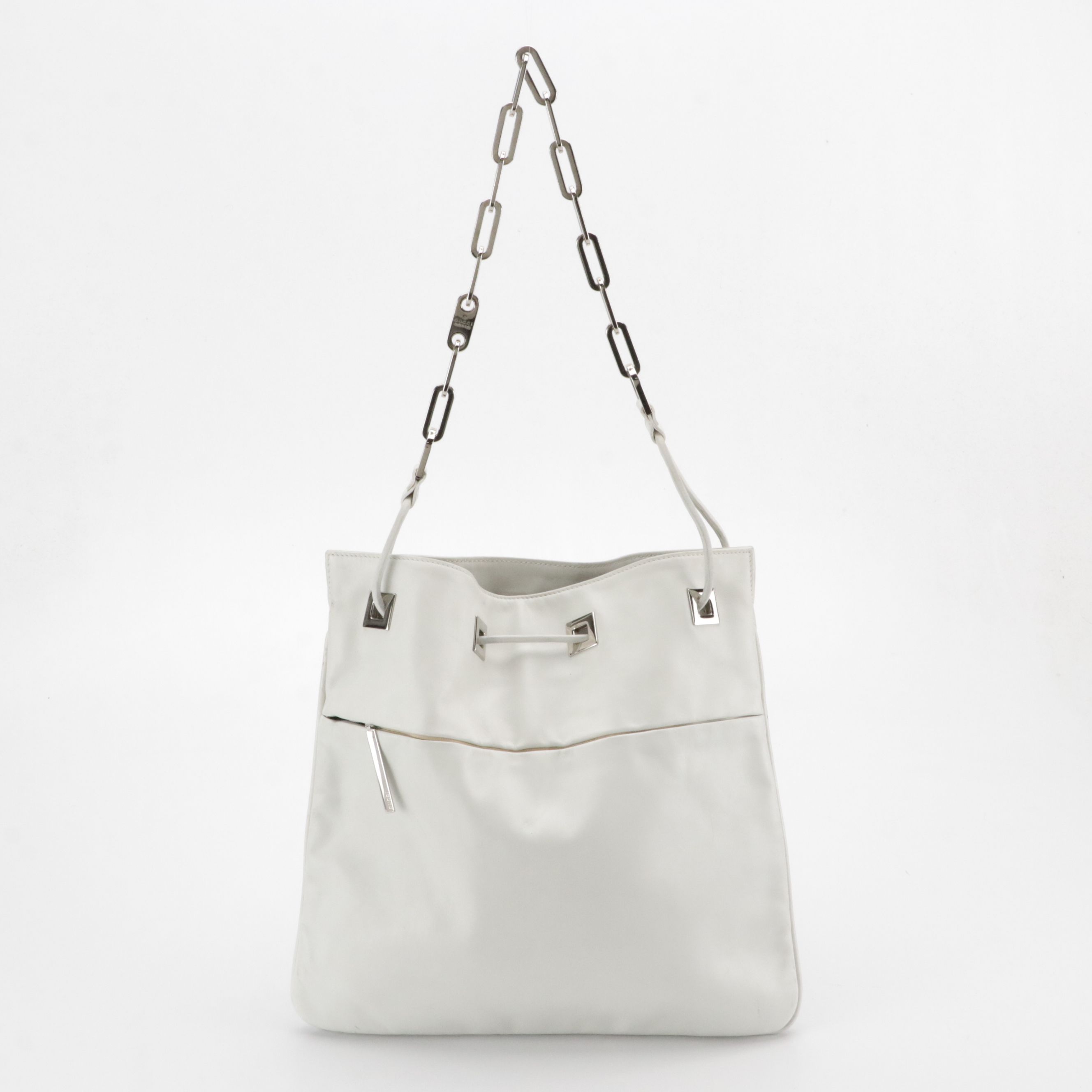 Gucci White Leather Drawstring Effect Tote with Paperclip Chain Strap