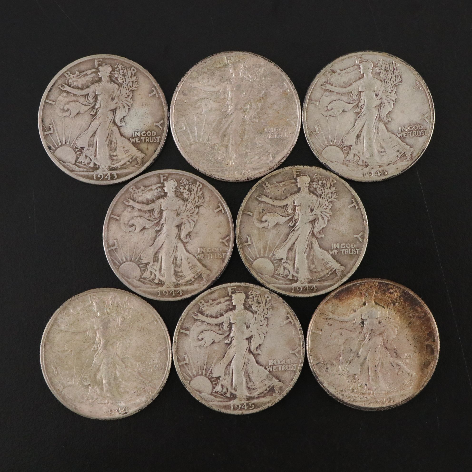 Eight Walking Liberty Silver Half Dollars, 1943-1945