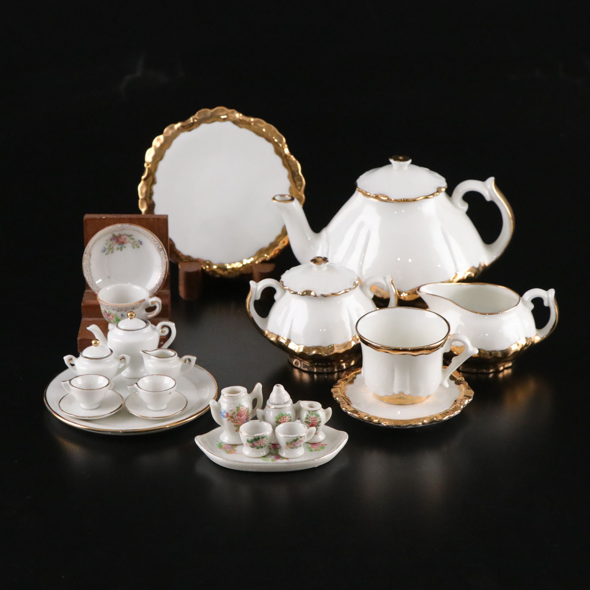 Miniature Gilt Porcelain Tea and Chocolate Sets for Kids and Dolls