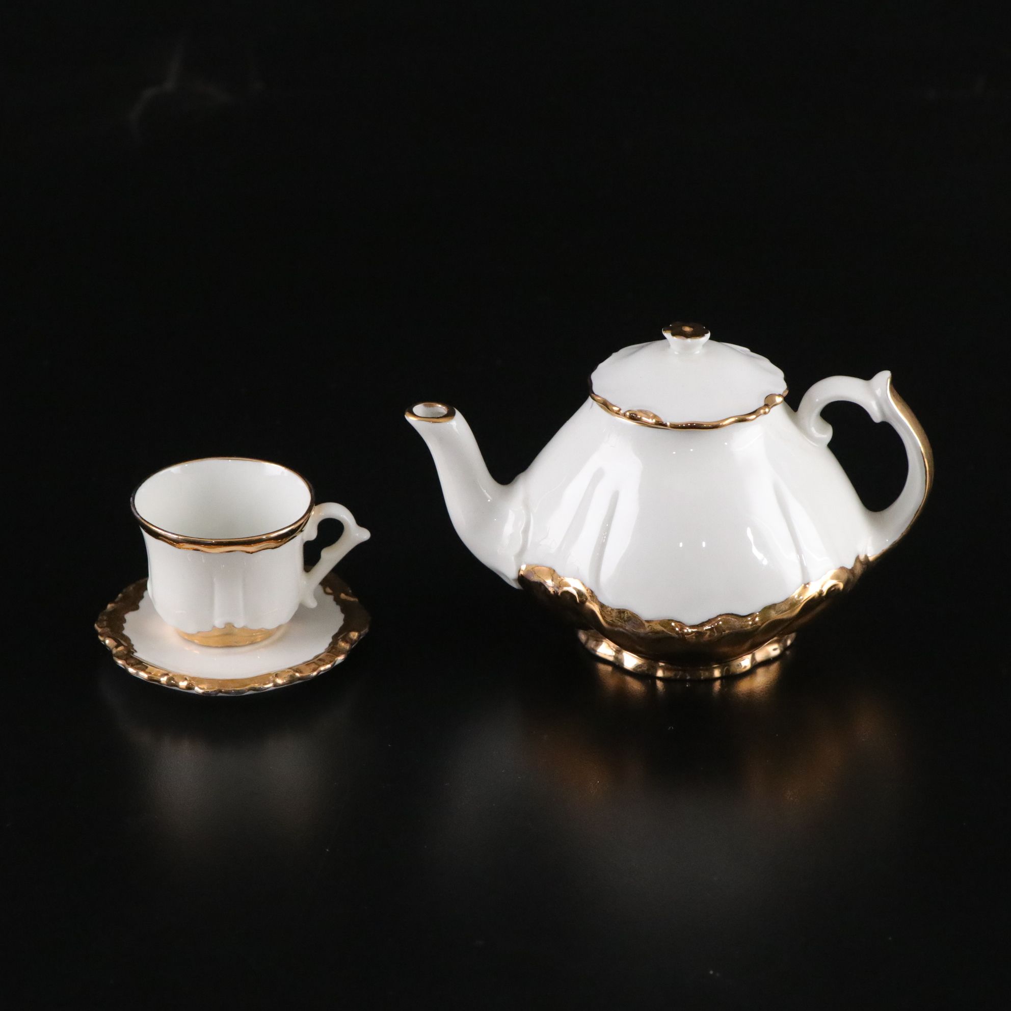 Miniature Gilt Porcelain Tea and Chocolate Sets for Kids and Dolls