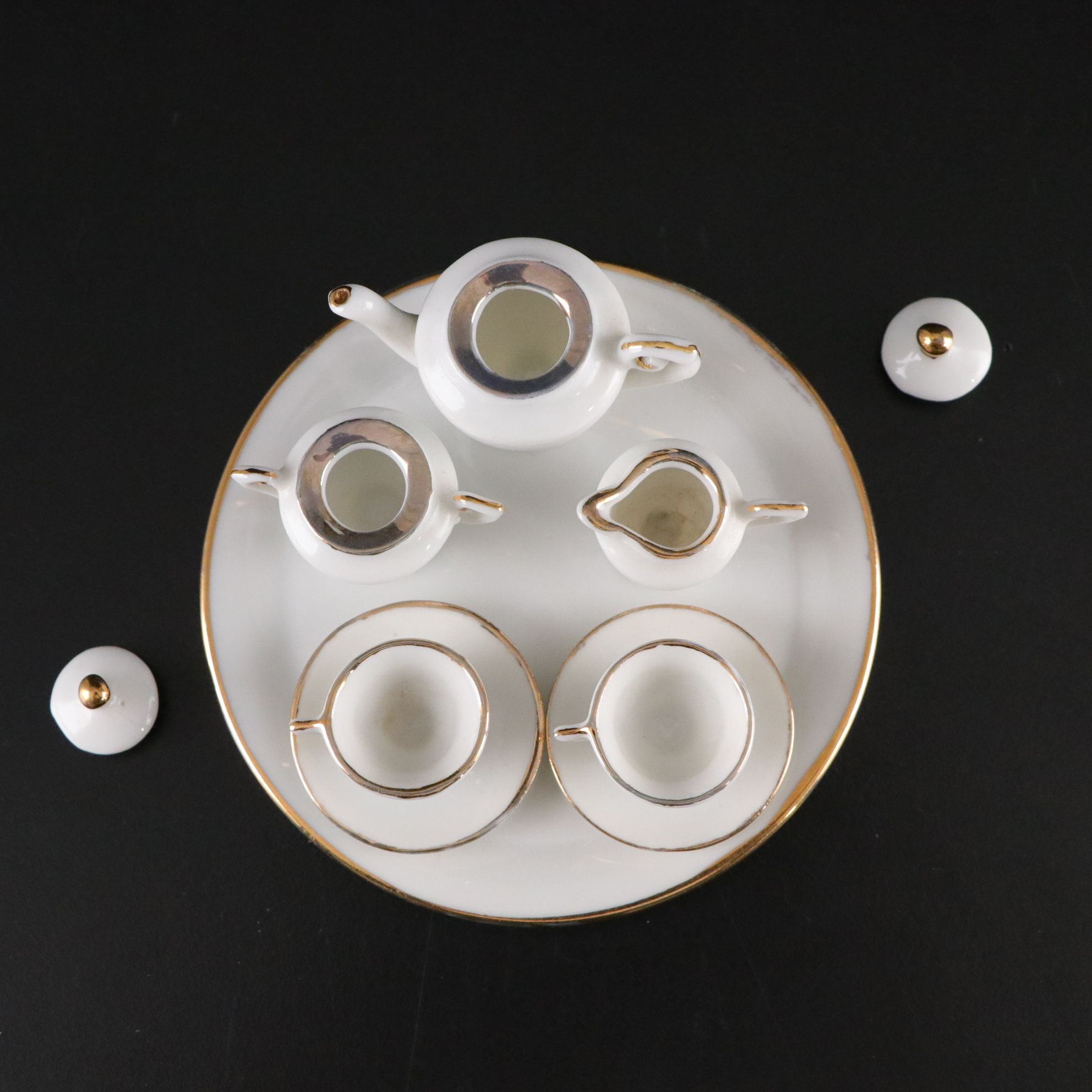 Miniature Gilt Porcelain Tea and Chocolate Sets for Kids and Dolls