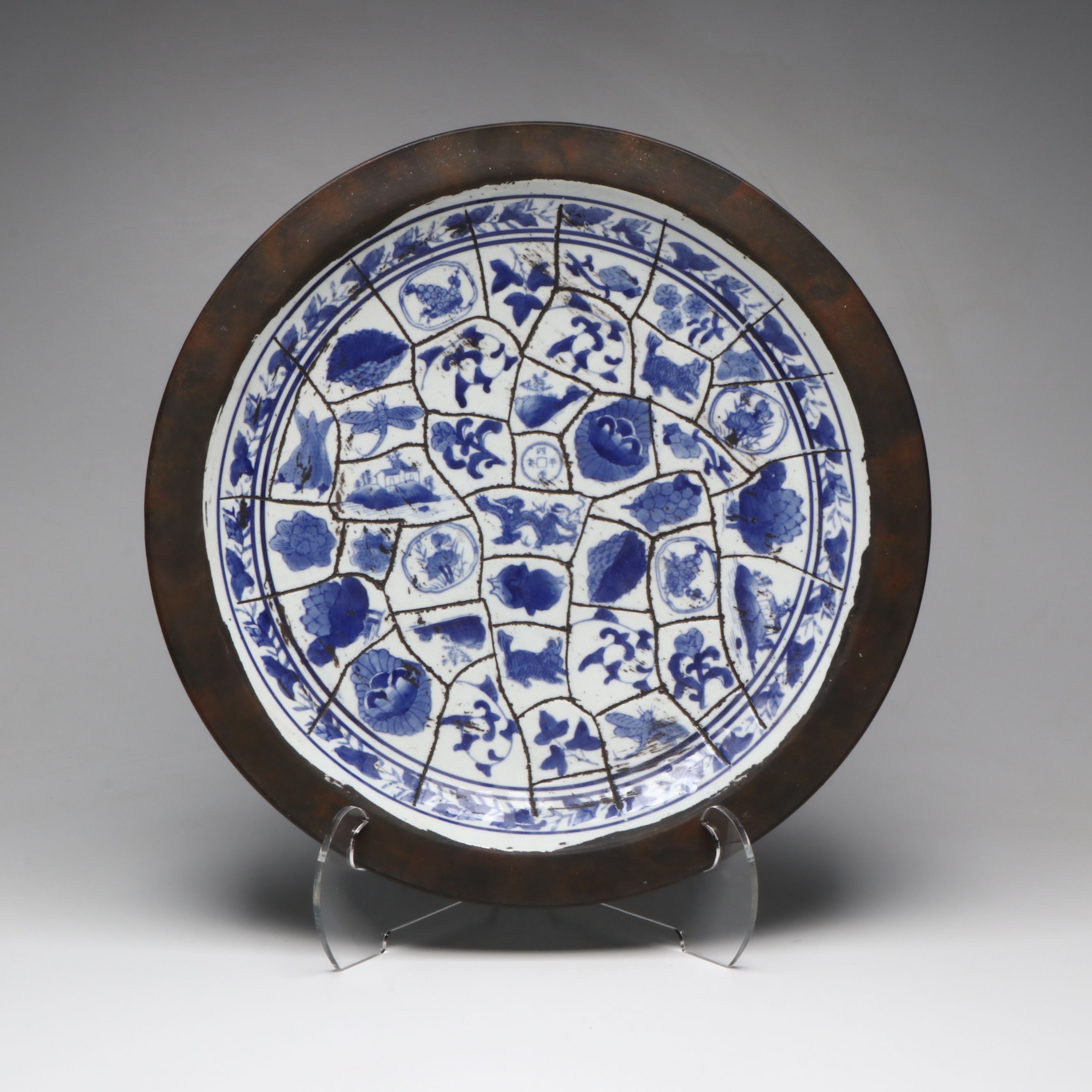 Chinese Style Crackle Glazed Tiles in Earthenware Centerpiece