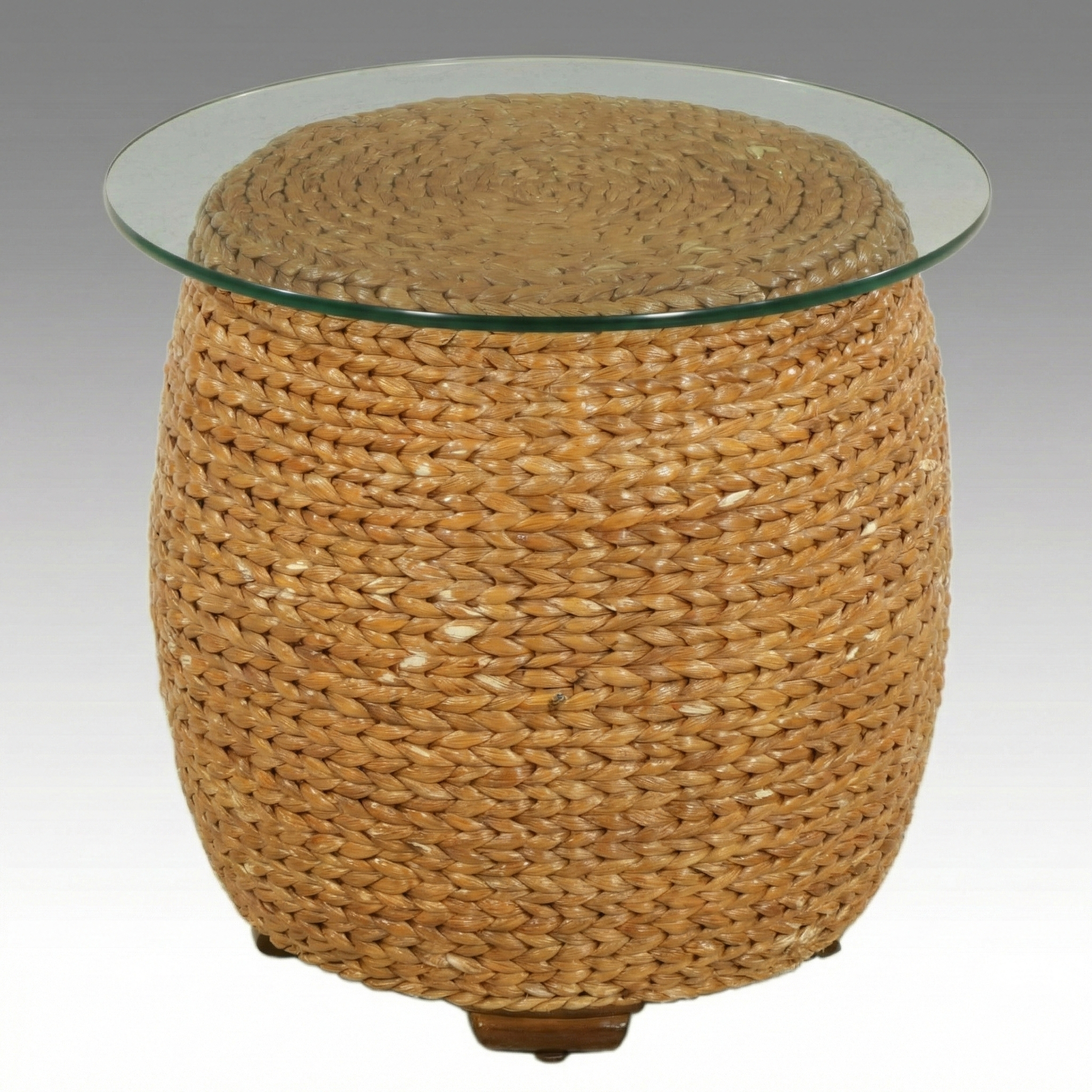 Rattan and Woven Grass Side Table with Glass Top