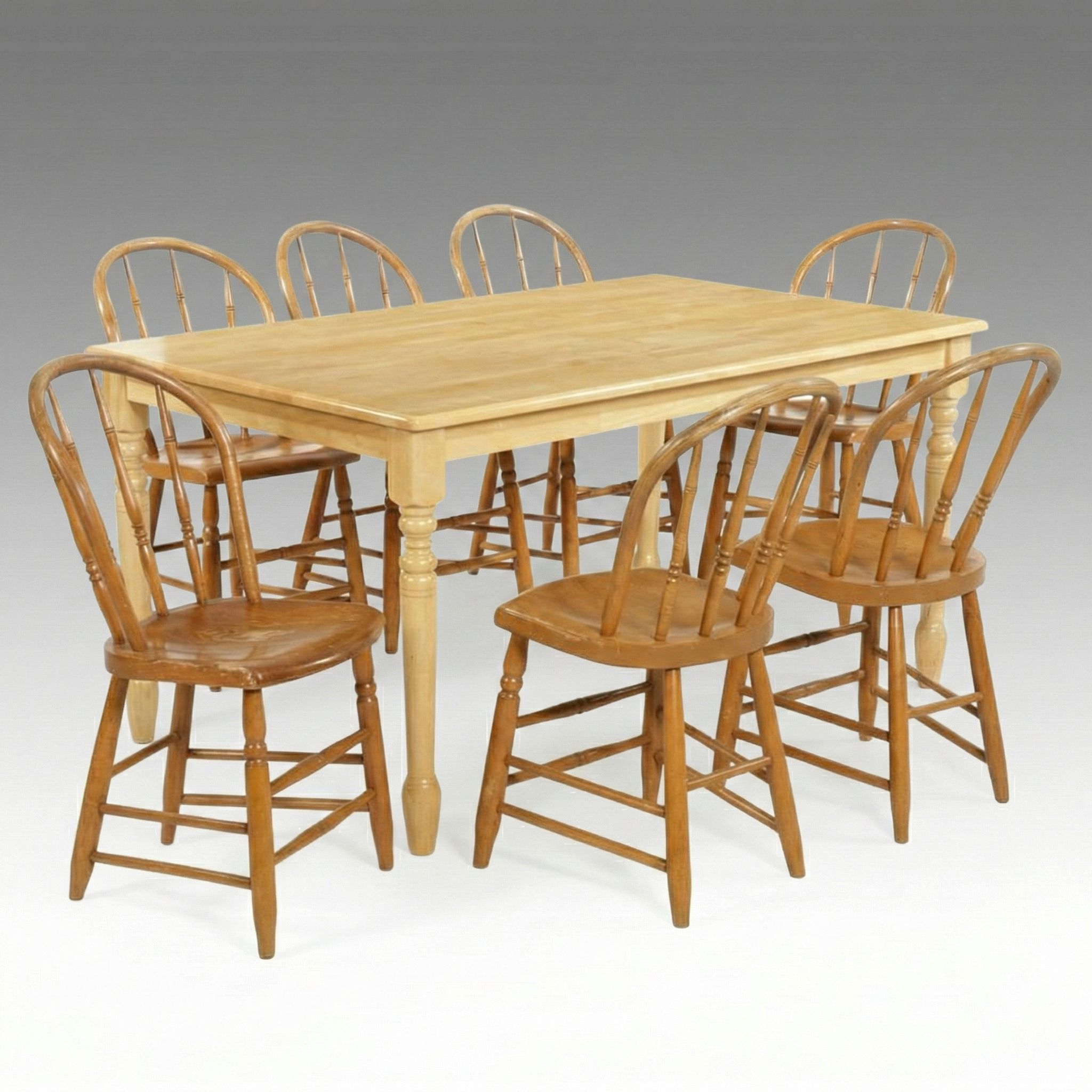 Wood Dining Table with Seven Arch-Back Chairs