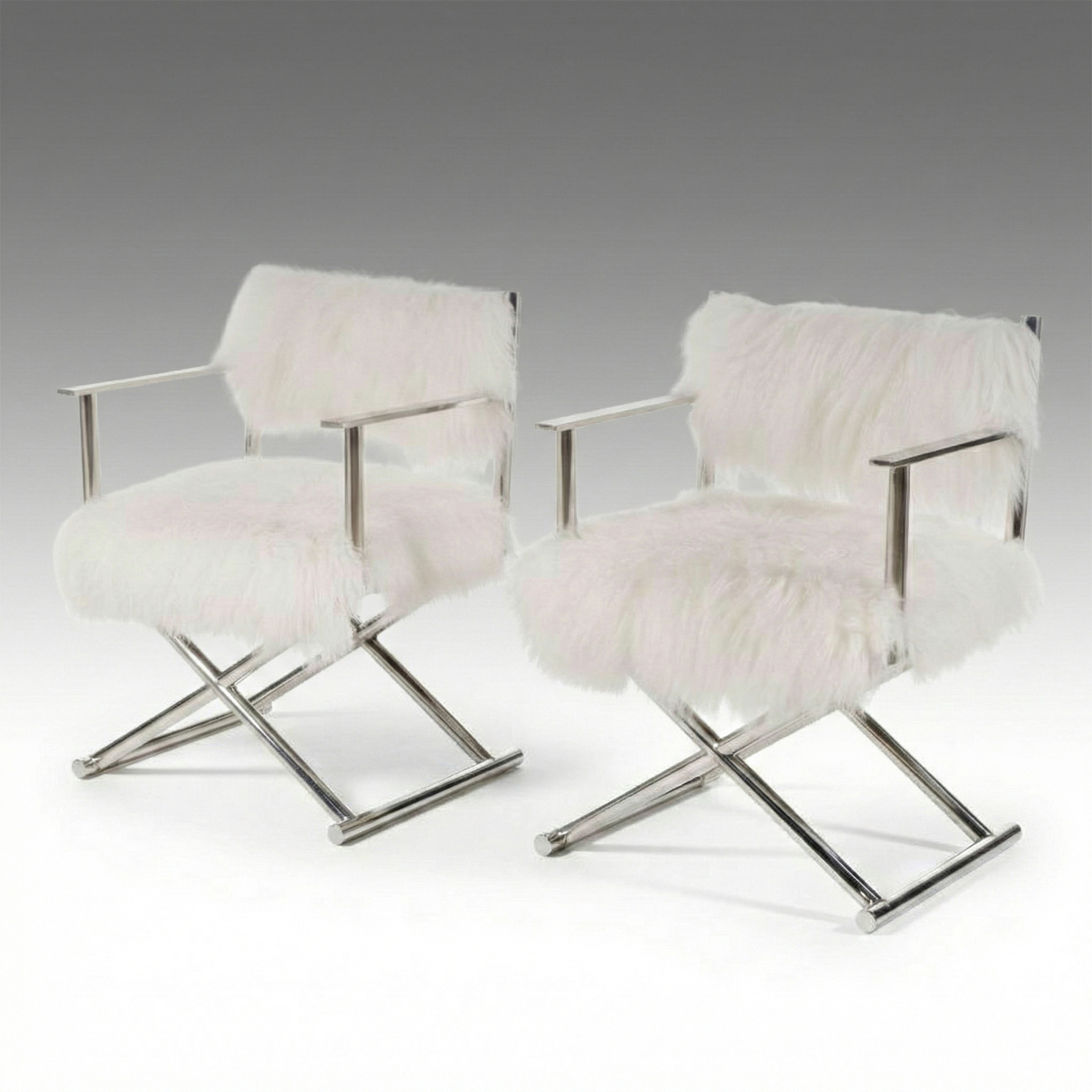 Pair of Mongolian Fur and Chromed Metal Director's Chairs, 2017