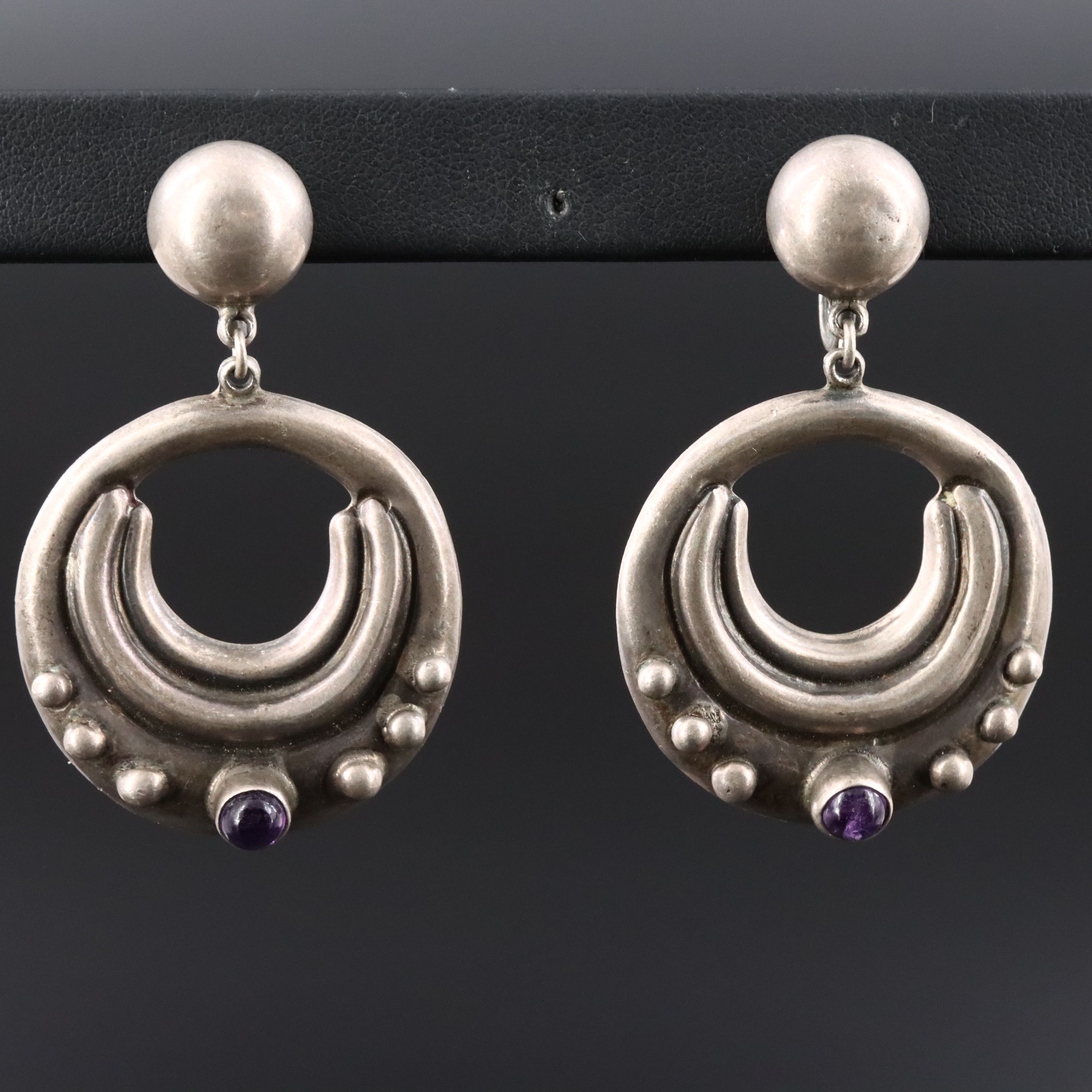 Mexican Modernist Sterling Amethyst Circle Earrings