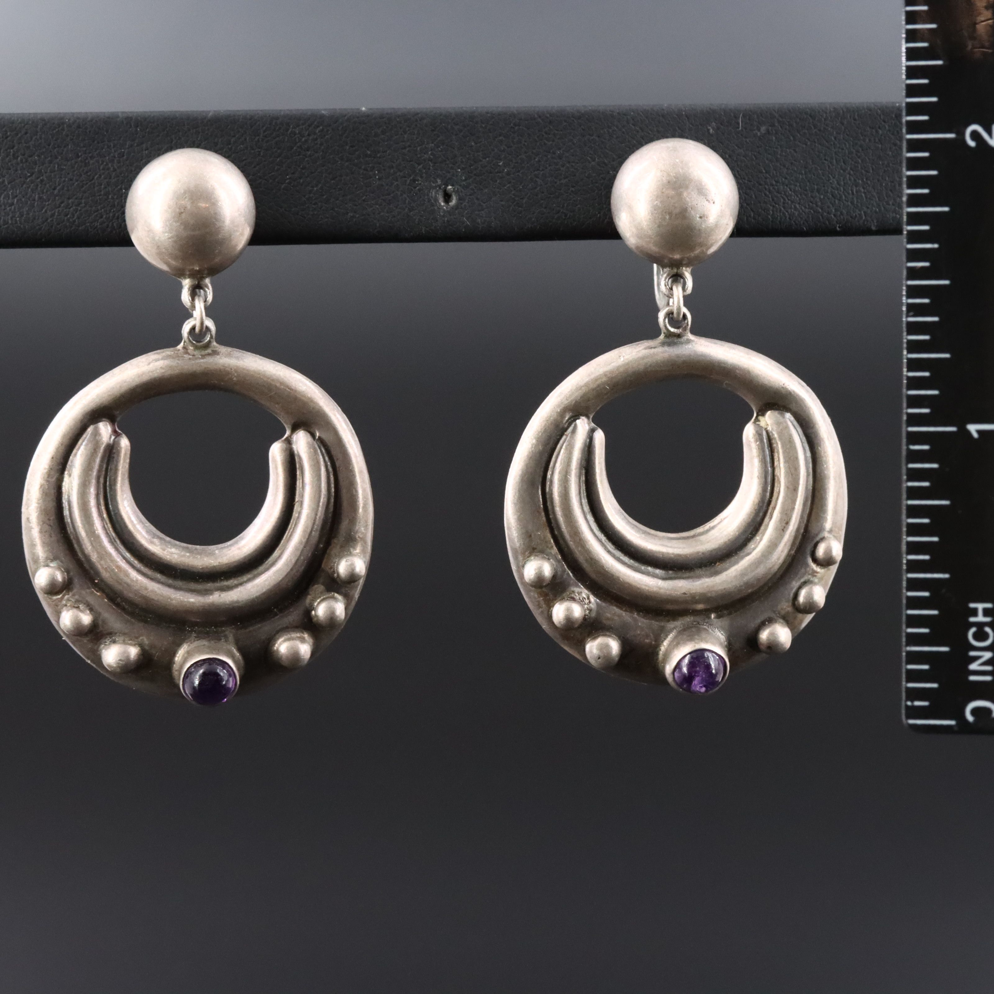 Mexican Modernist Sterling Amethyst Circle Earrings