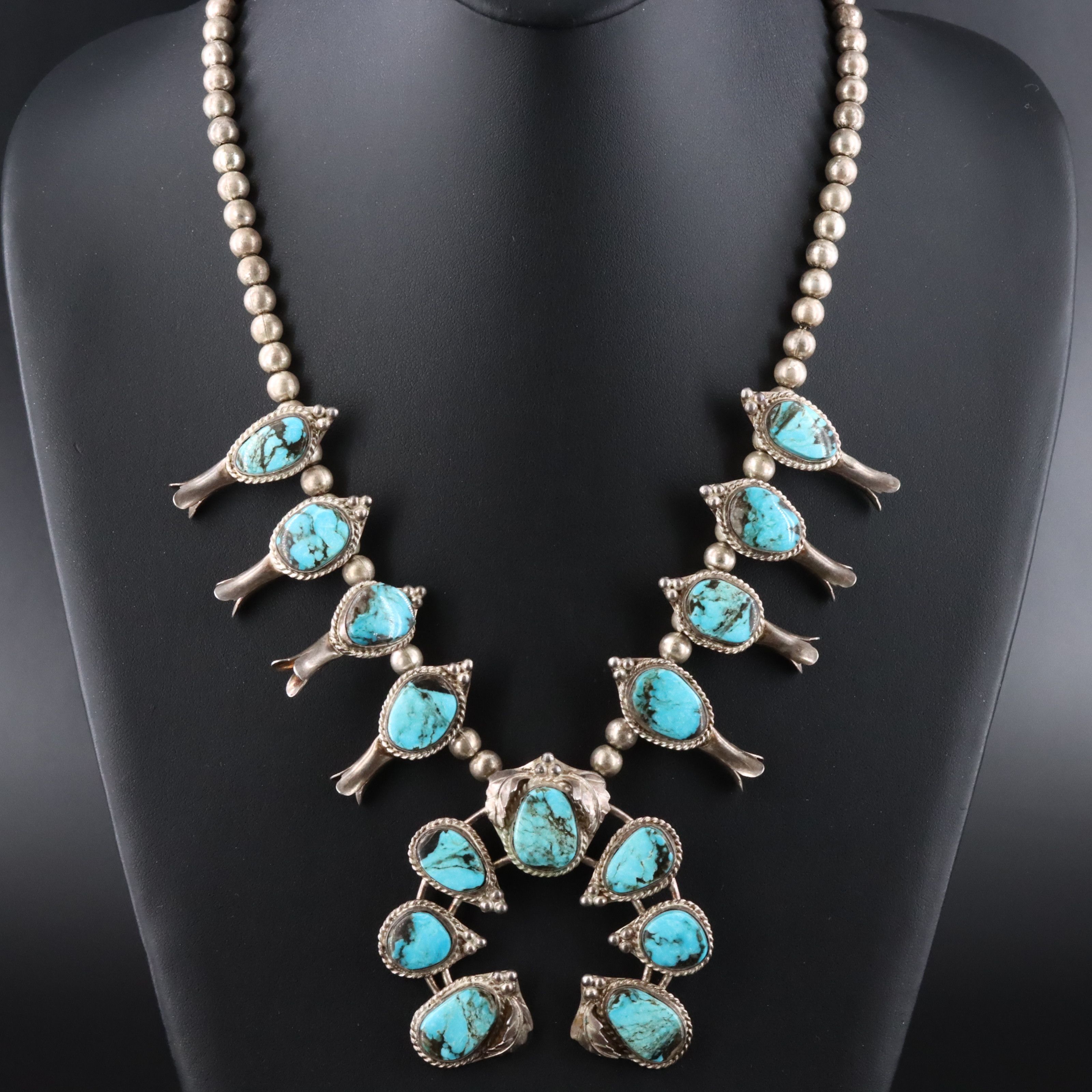 Southwestern Squash Blossom Turquoise Necklace with Sterling Turquoise Pendants