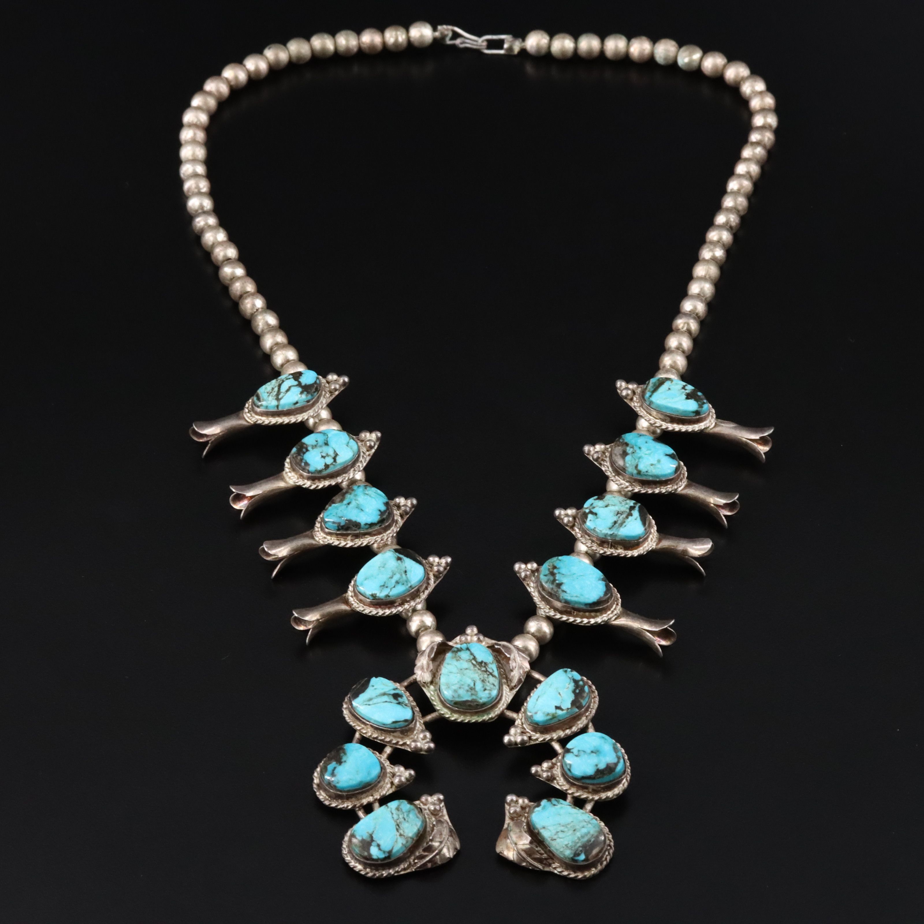 Southwestern Squash Blossom Turquoise Necklace with Sterling Turquoise Pendants