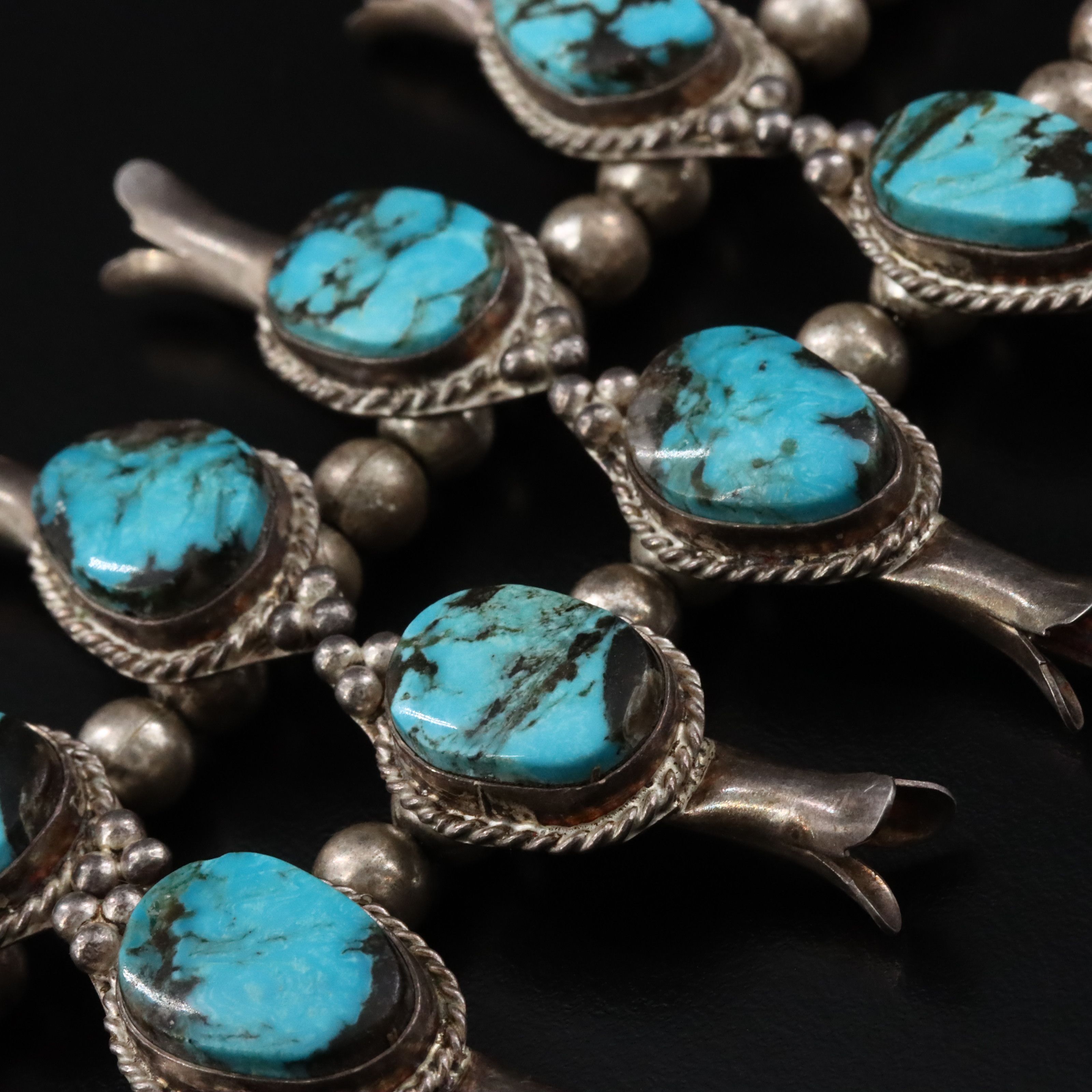 Southwestern Squash Blossom Turquoise Necklace with Sterling Turquoise Pendants