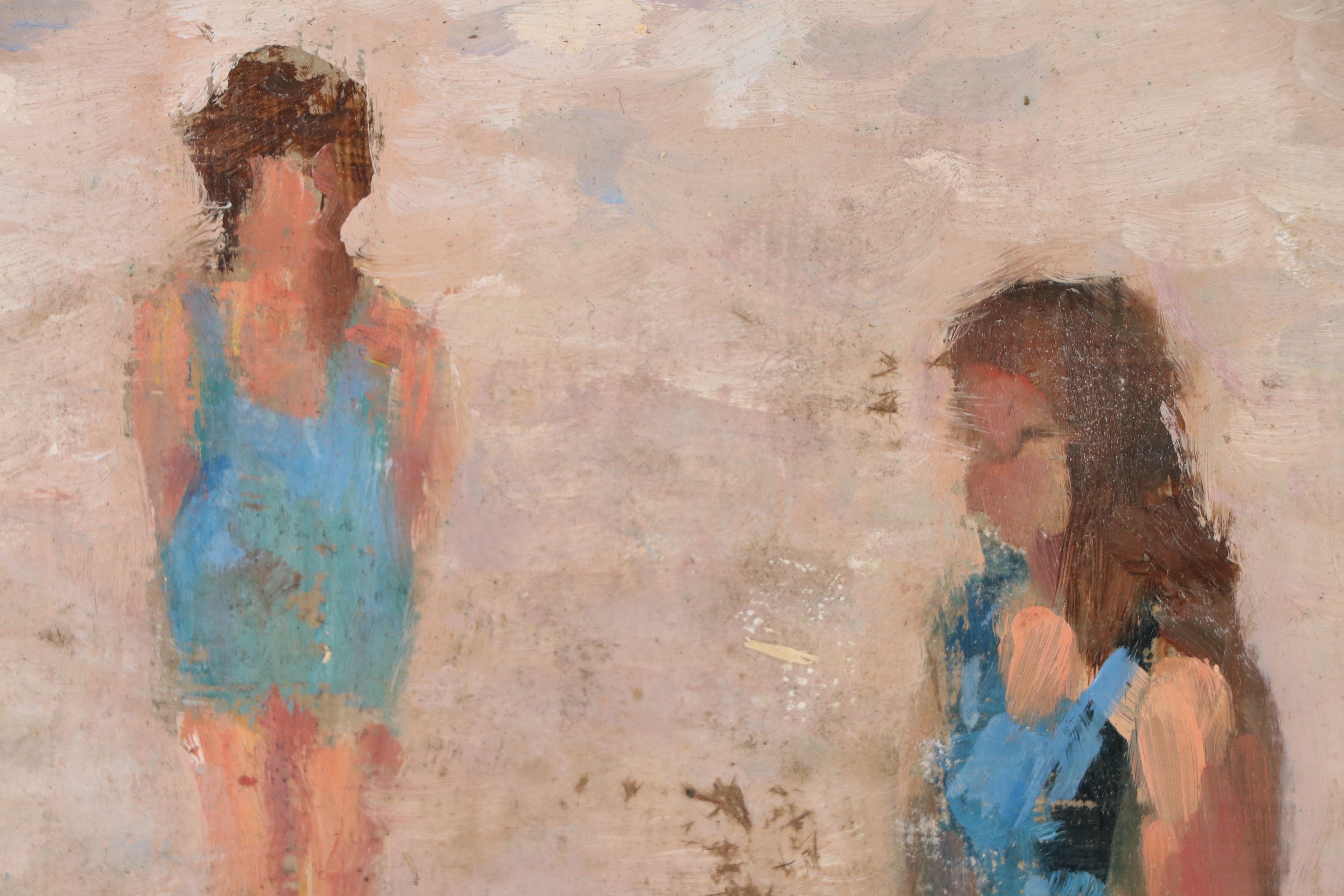 Richard Stalter Oil Painting of Beach Scene with Mother and Child