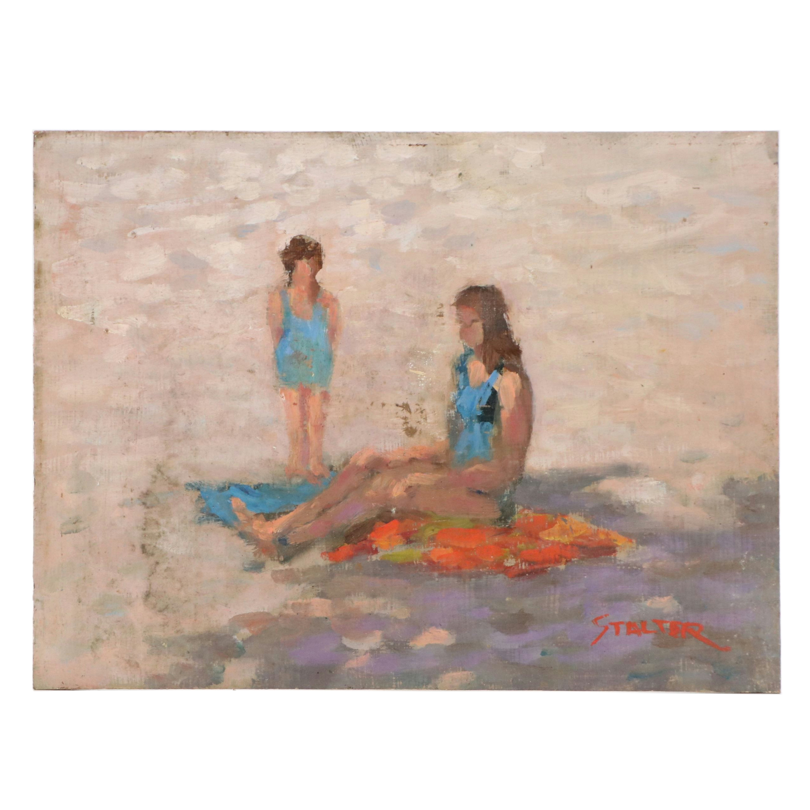 Richard Stalter Oil Painting of Beach Scene with Mother and Child