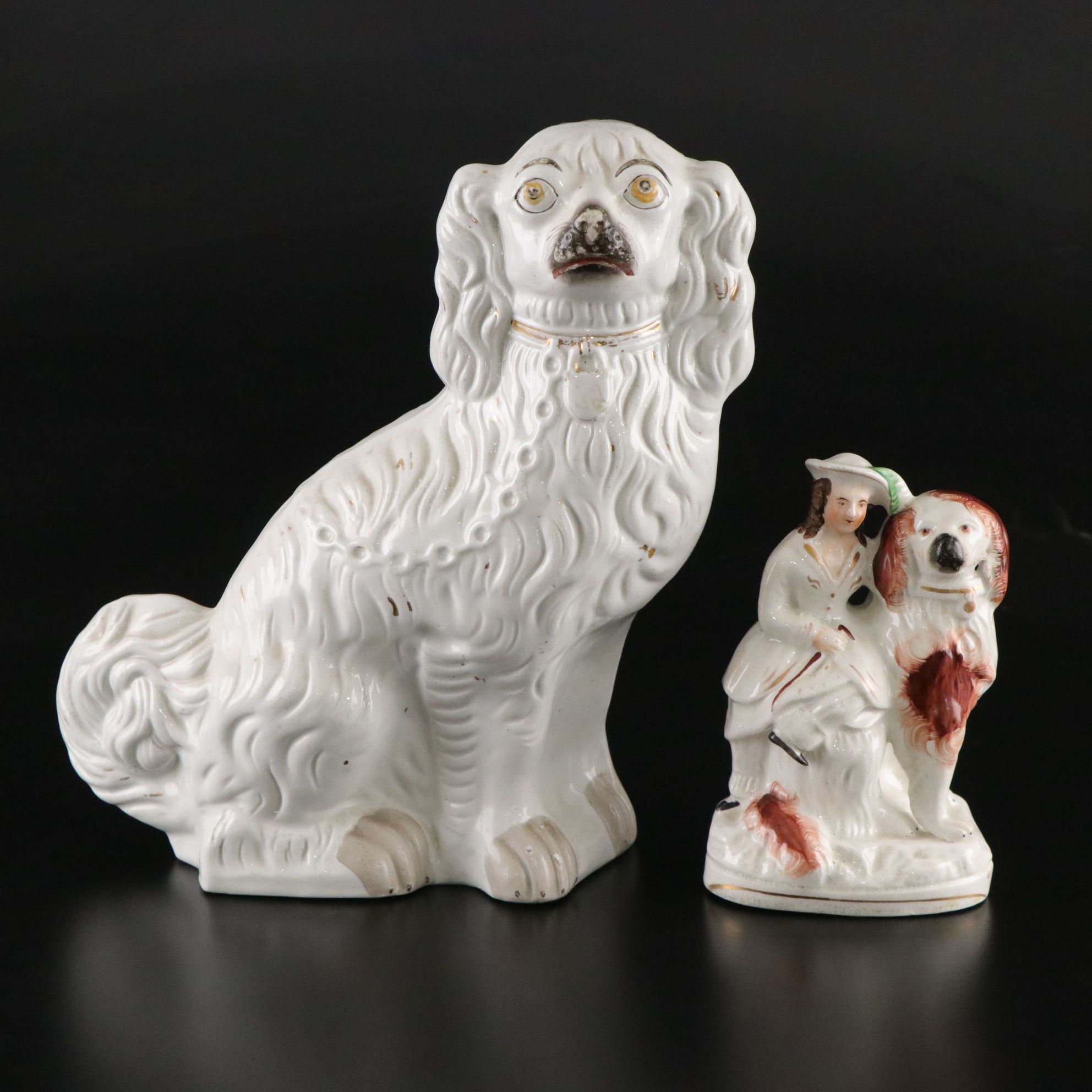 Staffordshire Girl with Spaniel with White Spaniel Figurine