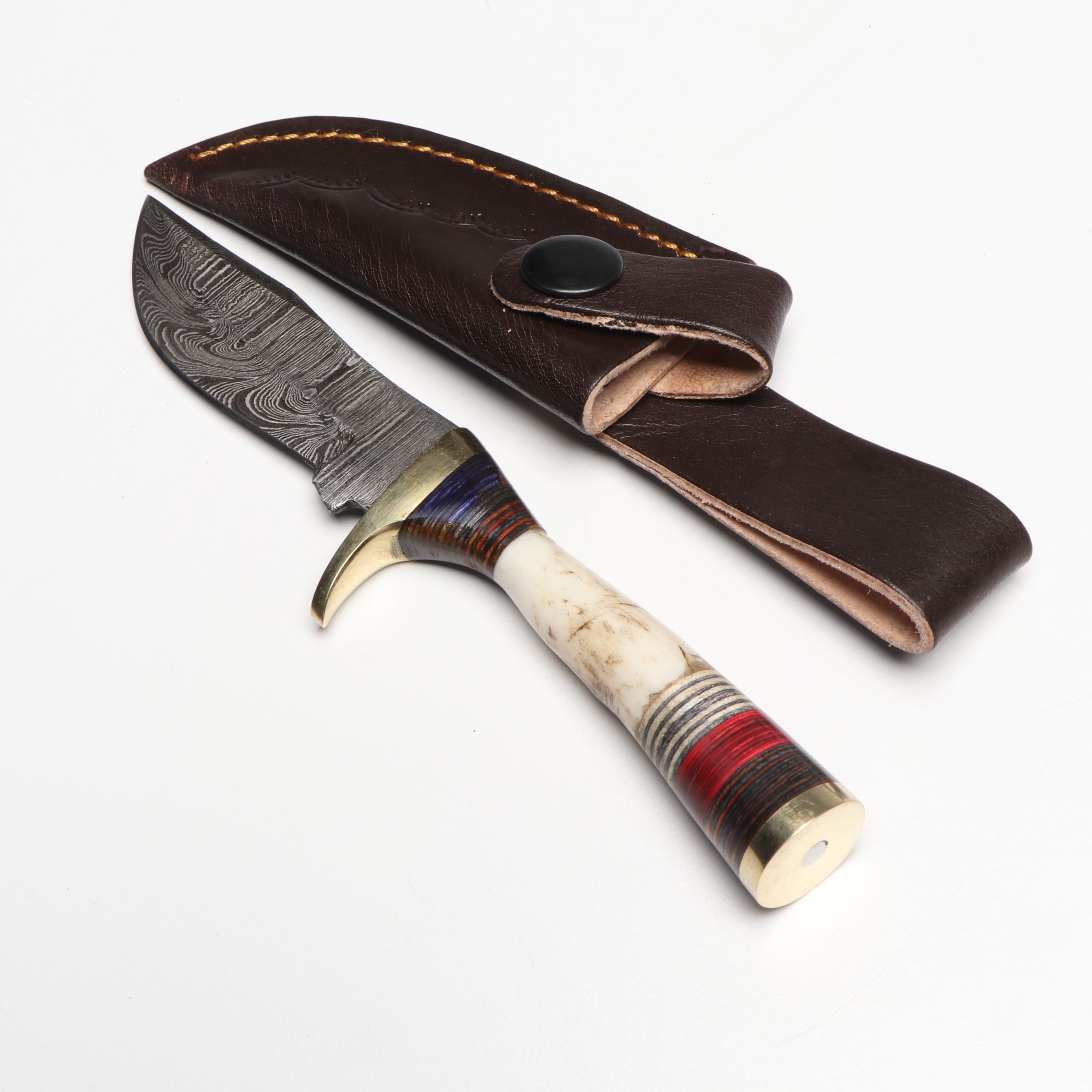 Bone and Antler Handled Damascus Steel Skinner Knives in Leather Scabbards