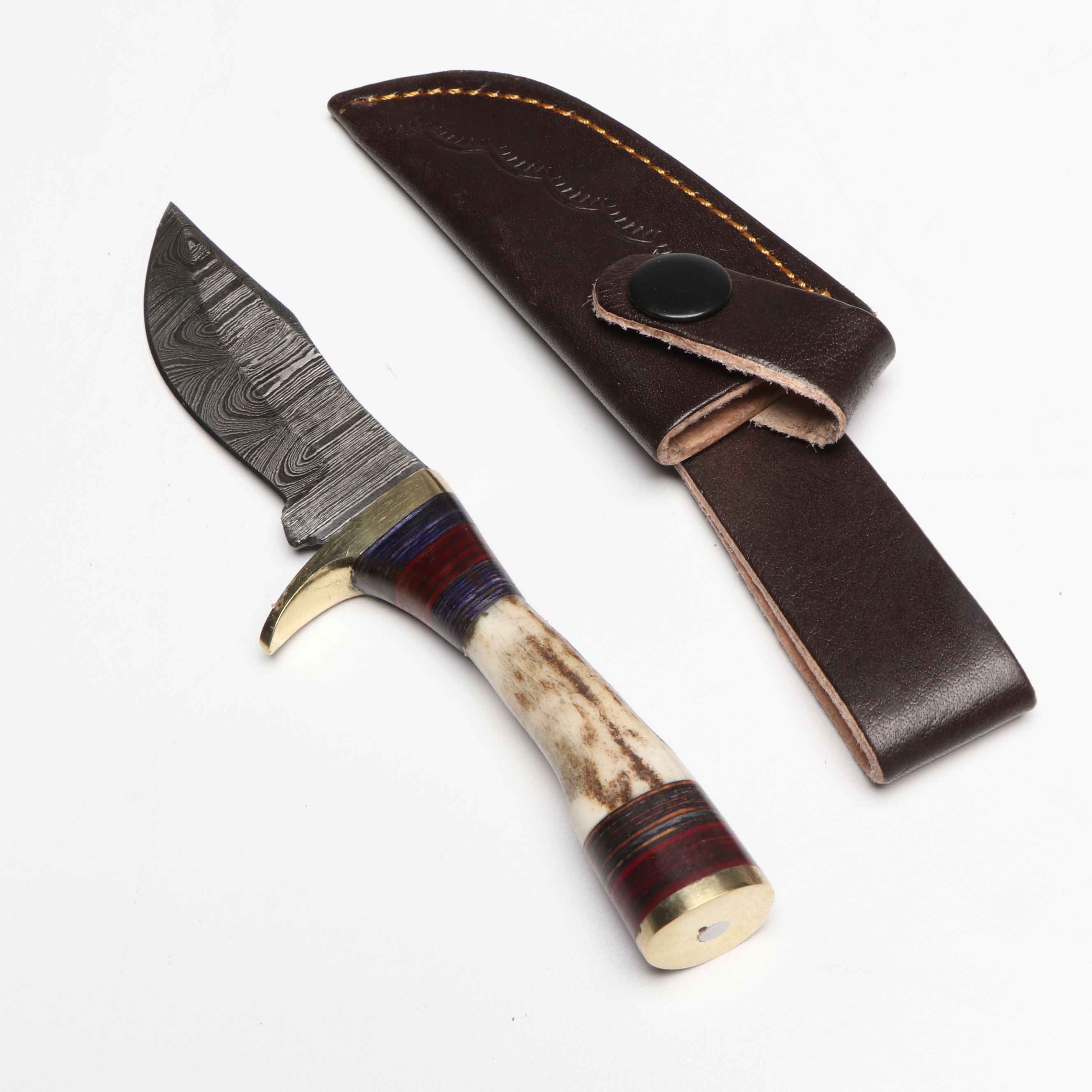 Bone and Antler Handled Damascus Steel Skinner Knives in Leather Scabbards