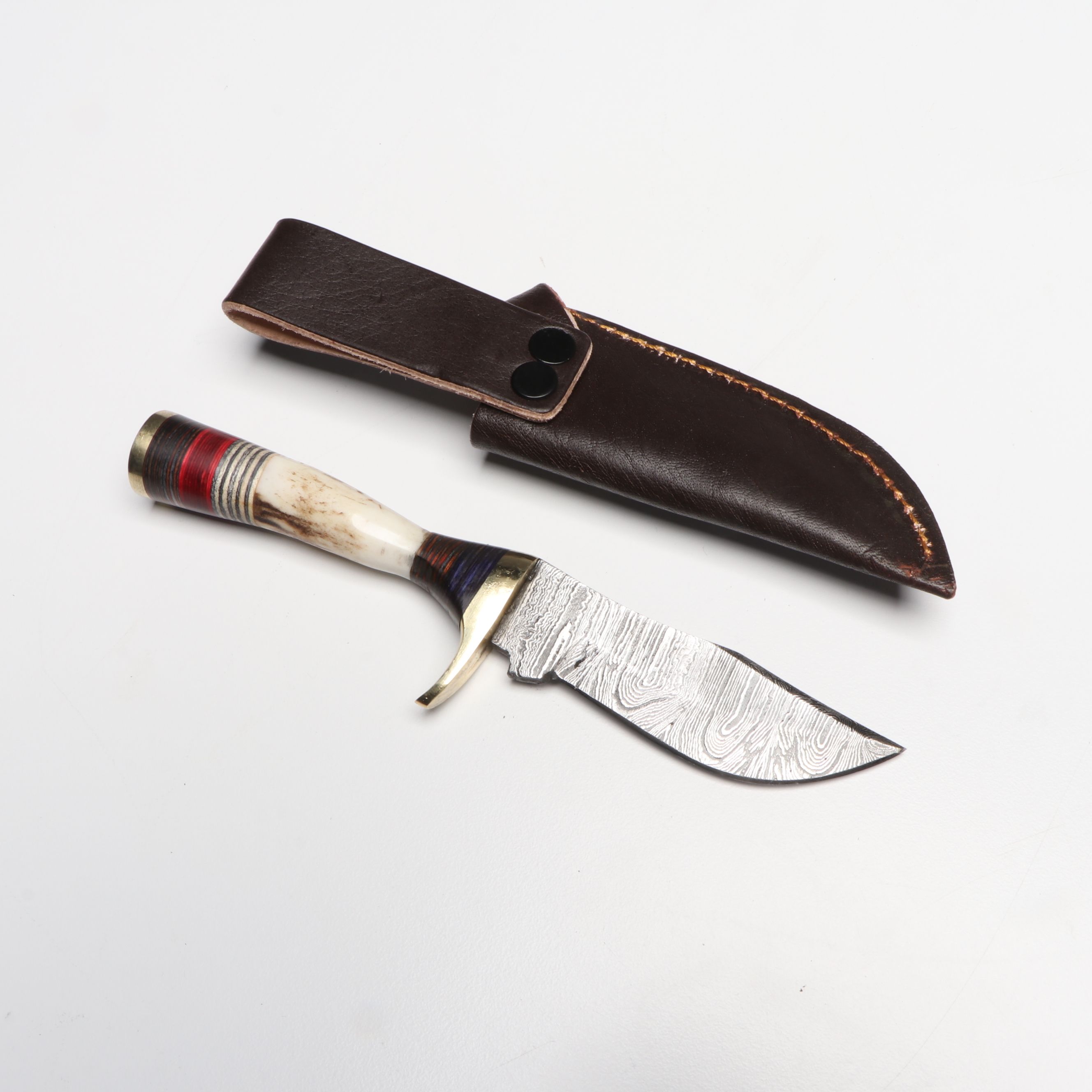 Bone and Antler Handled Damascus Steel Skinner Knives in Leather Scabbards