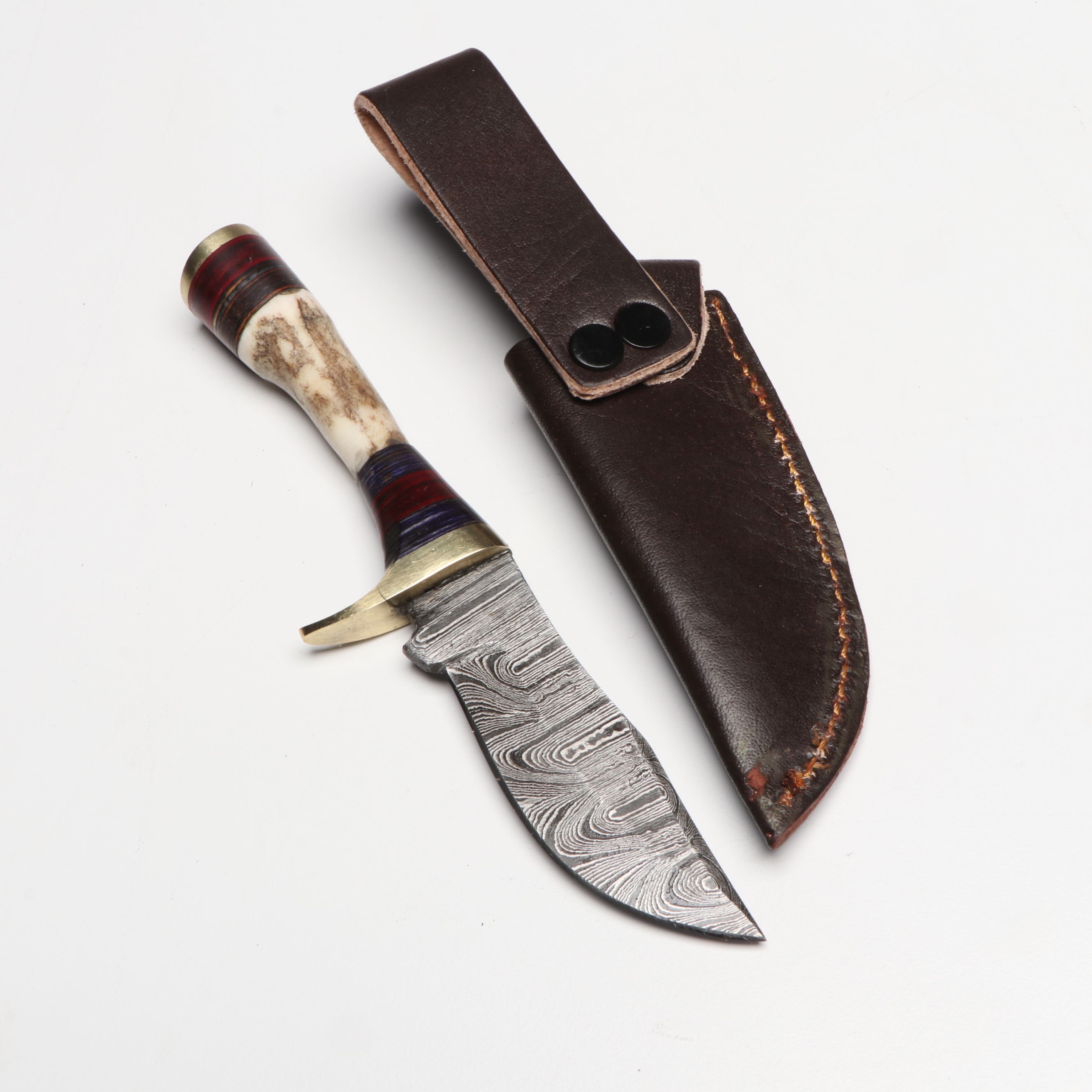 Bone and Antler Handled Damascus Steel Skinner Knives in Leather Scabbards