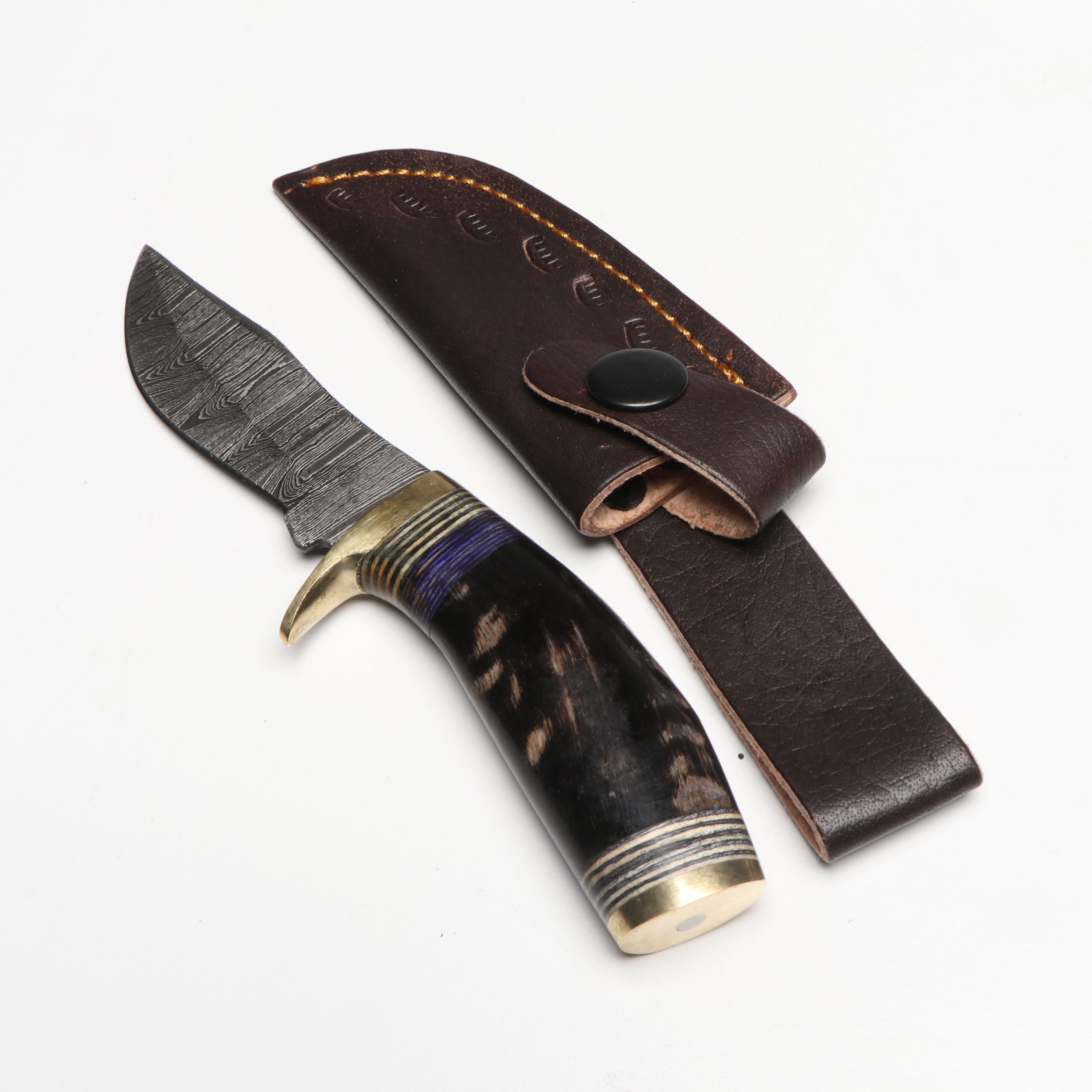 Bone and Antler Handled Damascus Steel Skinner Knives in Leather Scabbards