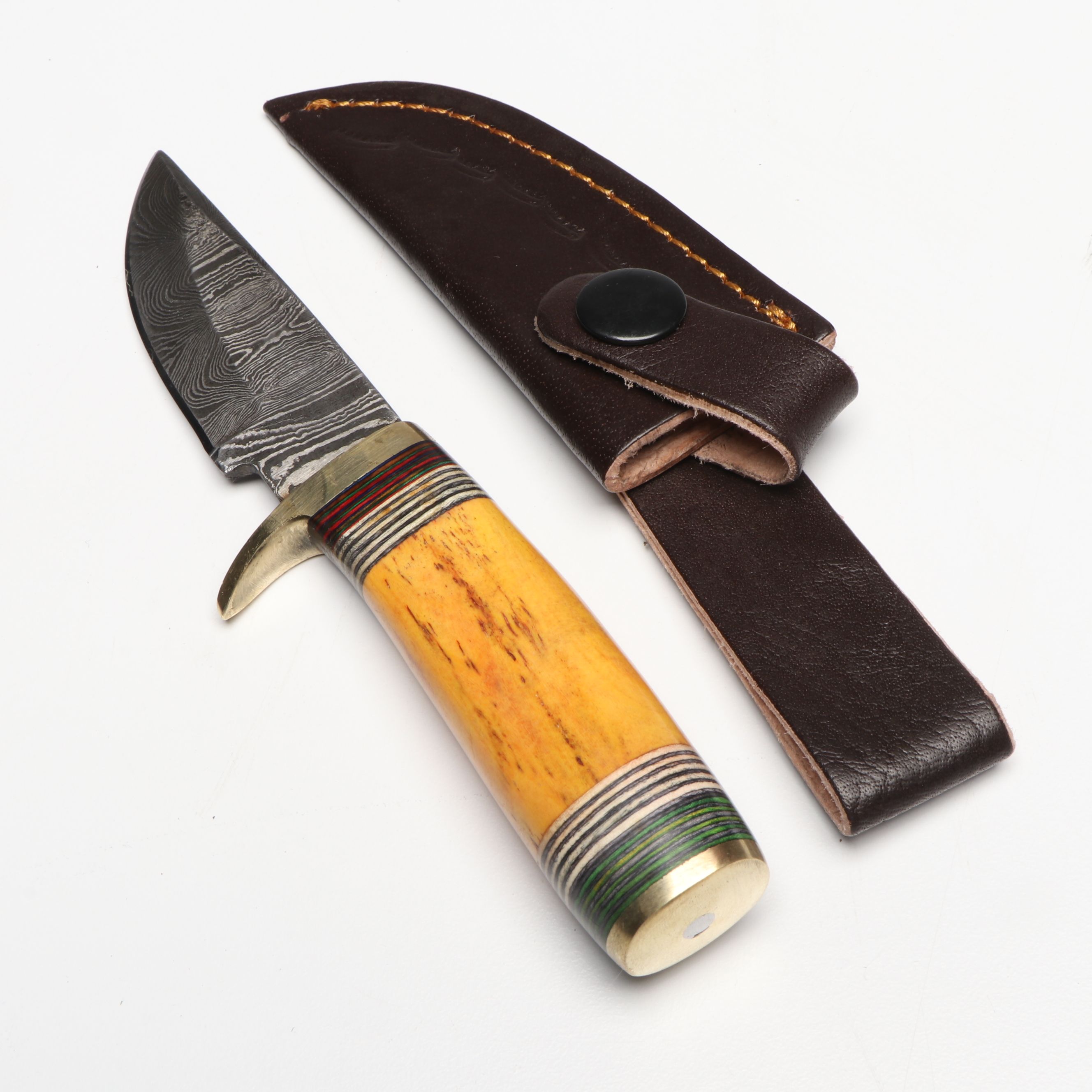 Bone and Antler Handled Damascus Steel Skinner Knives in Leather Scabbards
