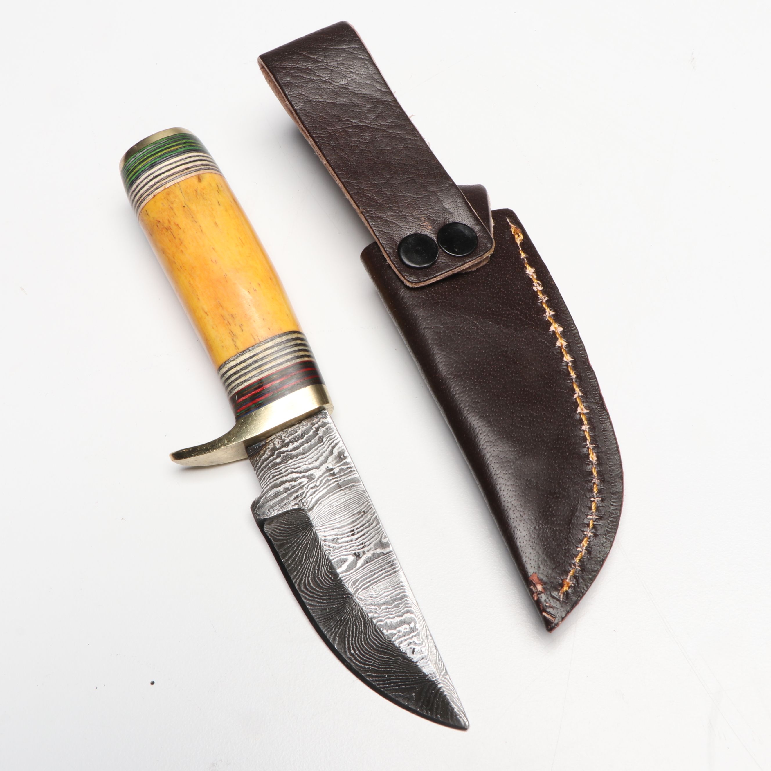 Bone and Antler Handled Damascus Steel Skinner Knives in Leather Scabbards