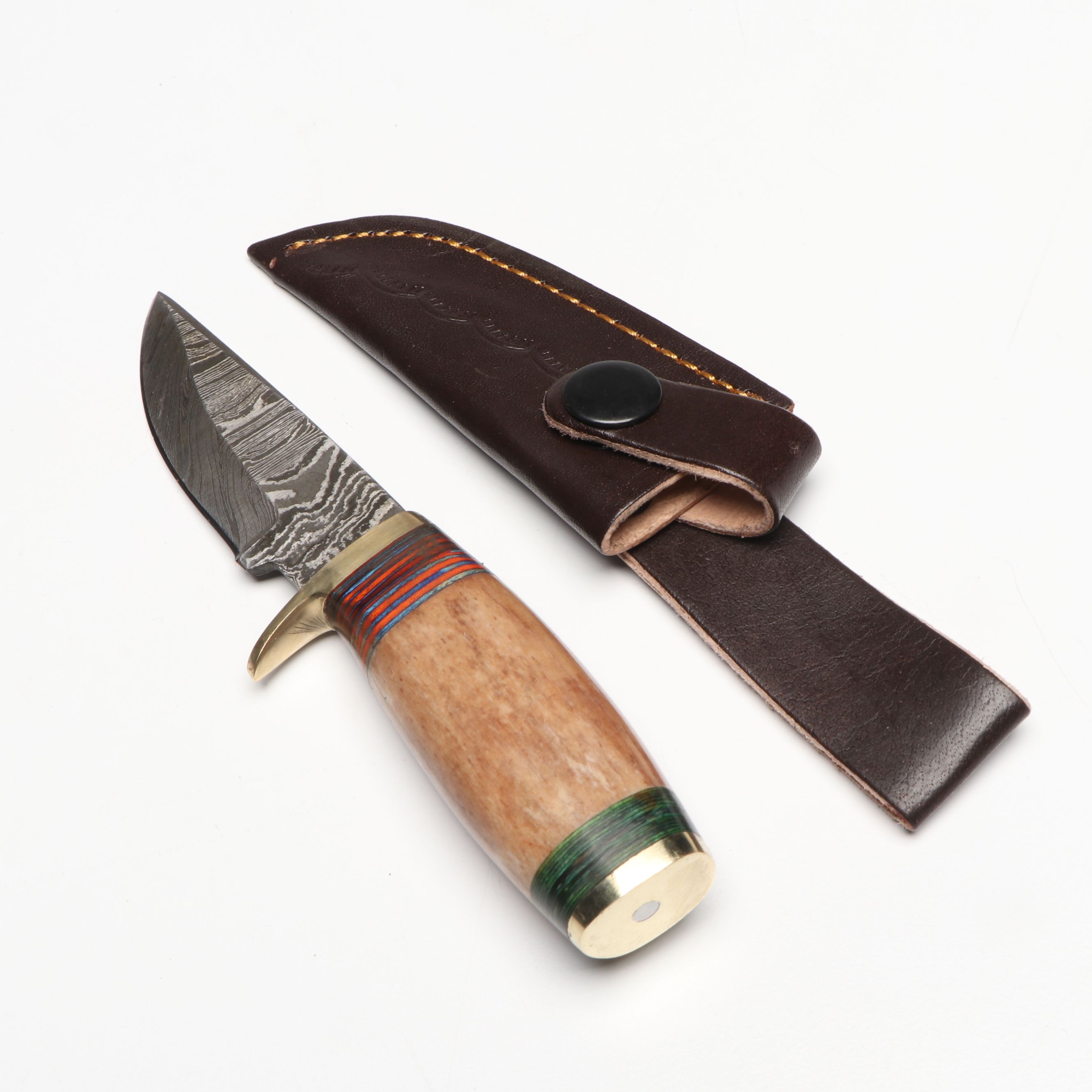 Bone and Antler Handled Damascus Steel Skinner Knives in Leather Scabbards