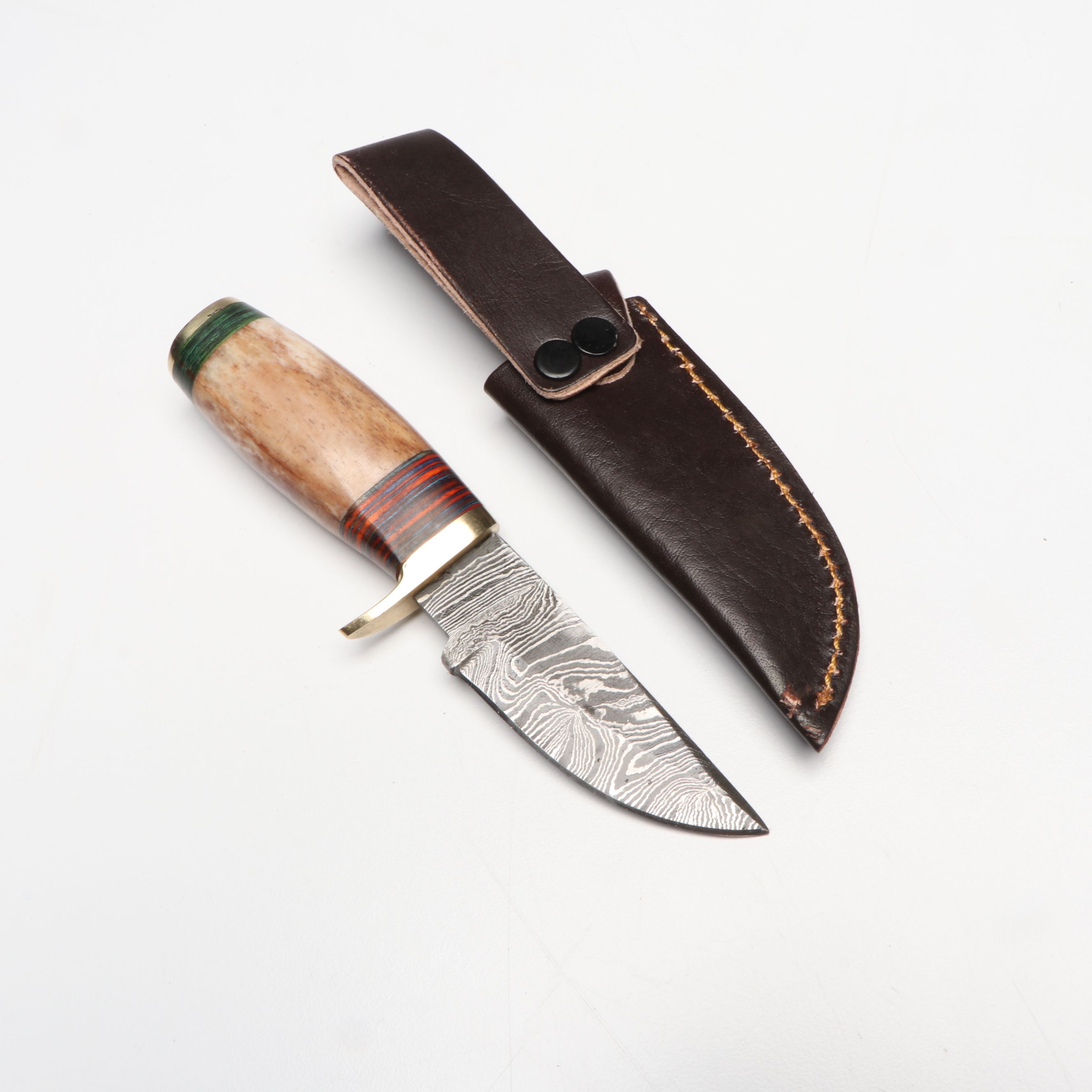 Bone and Antler Handled Damascus Steel Skinner Knives in Leather Scabbards