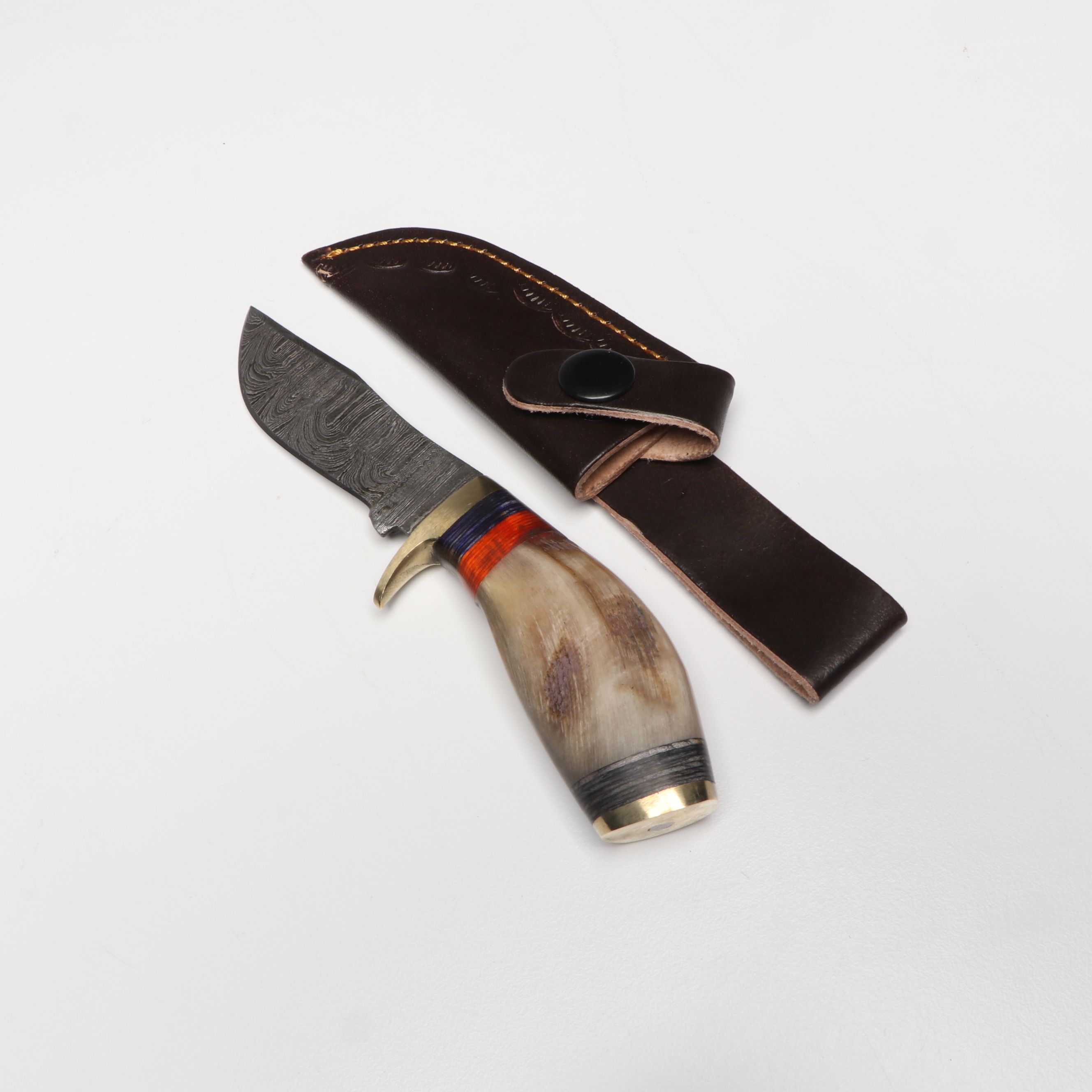 Bone and Antler Handled Damascus Steel Skinner Knives in Leather Scabbards