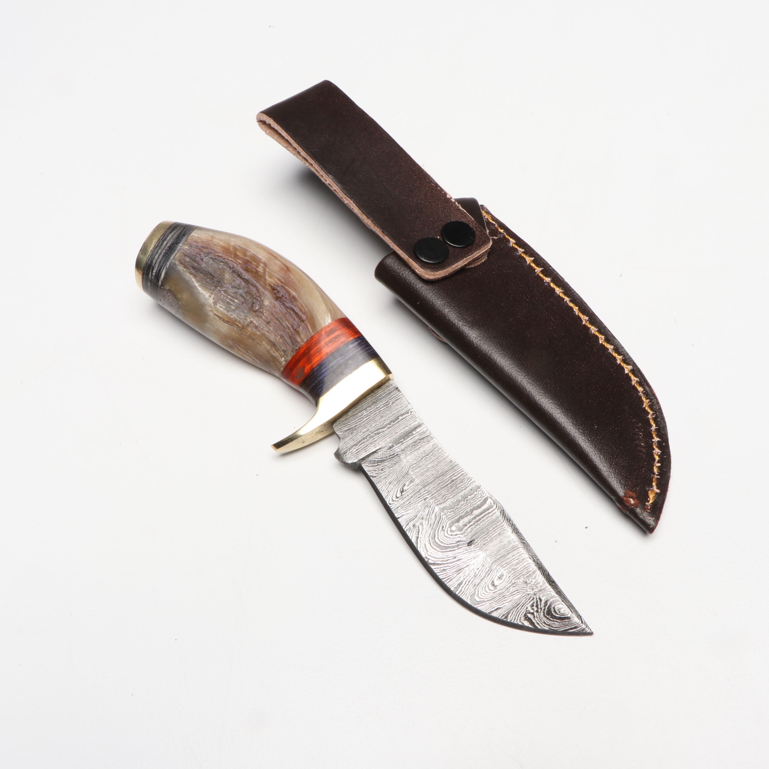 Bone and Antler Handled Damascus Steel Skinner Knives in Leather Scabbards