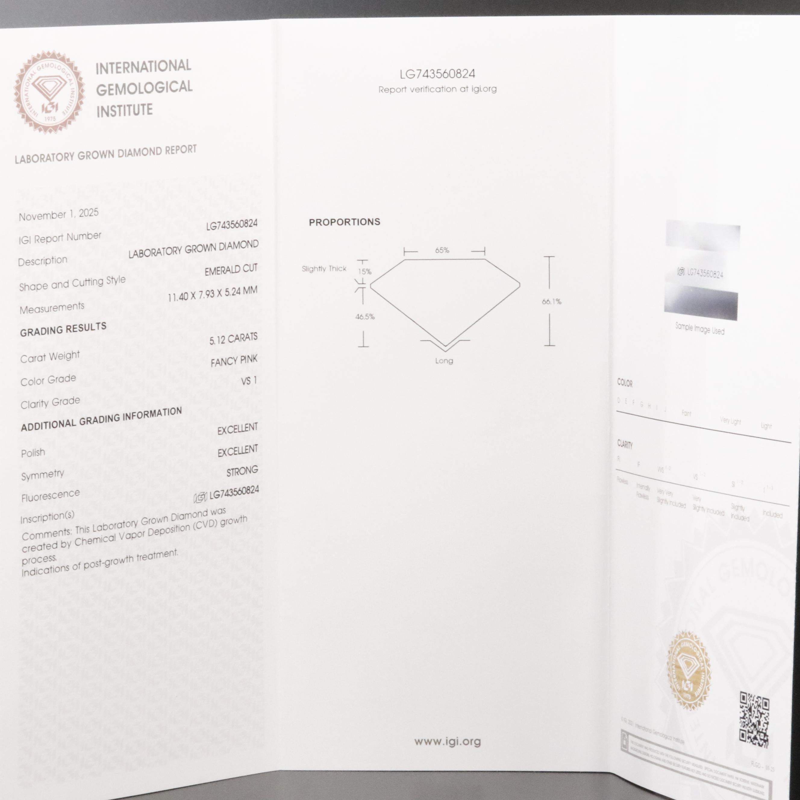 18K 5.12 CT Lab Grown Fancy Pink Diamond Solitaire Ring with IGI Report