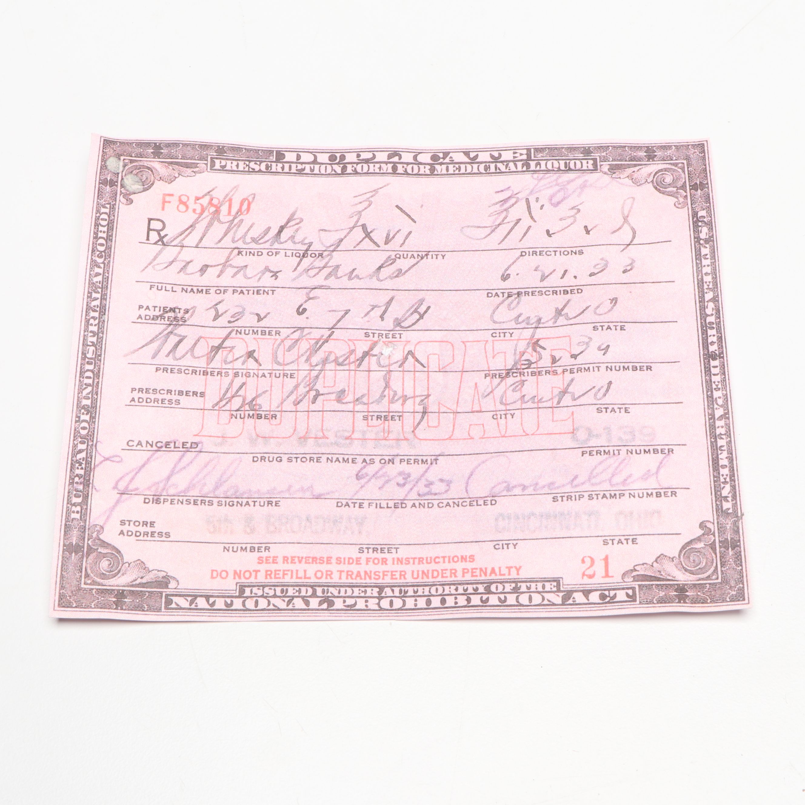 Prohibition Style Whisky Prescription Form with Reproduction Sign