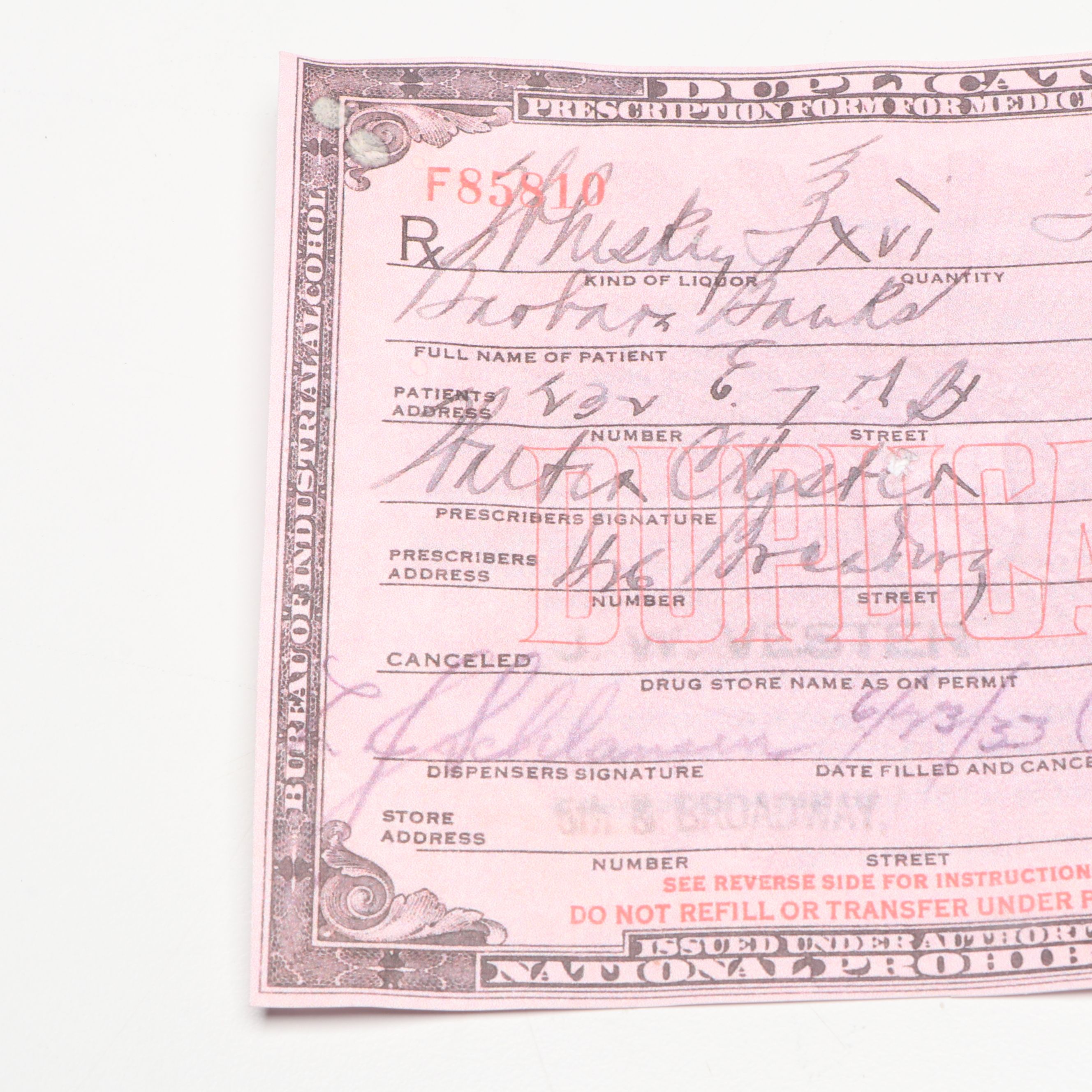 Prohibition Style Whisky Prescription Form with Reproduction Sign