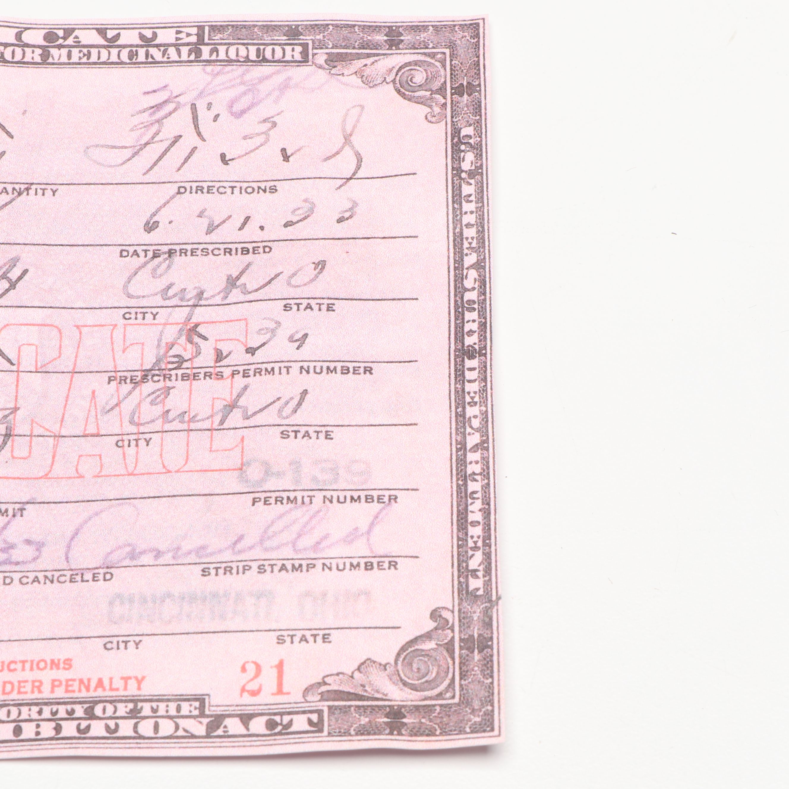 Prohibition Style Whisky Prescription Form with Reproduction Sign