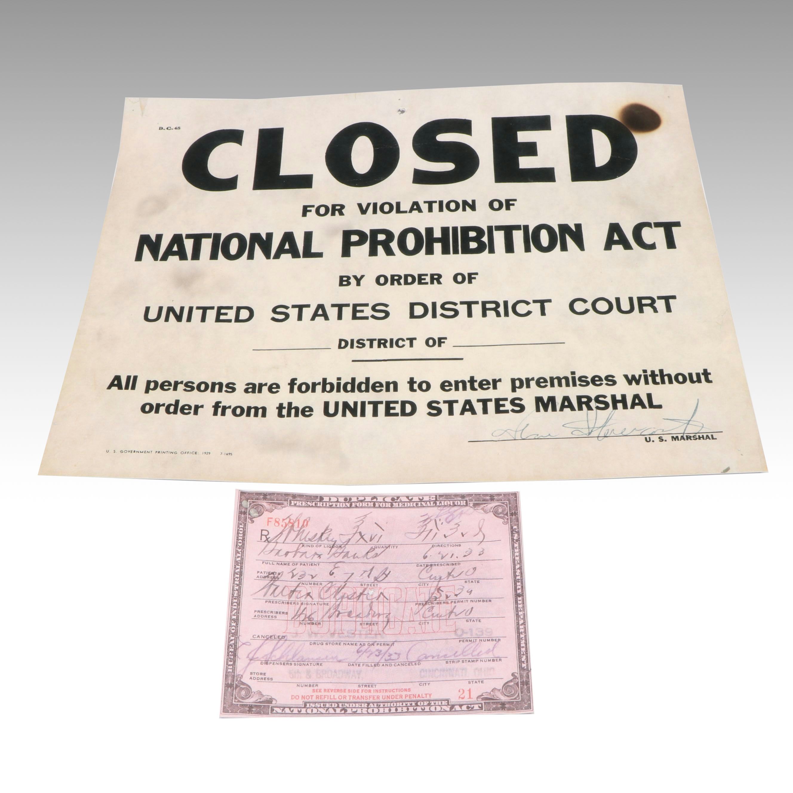 Prohibition Style Whisky Prescription Form with Reproduction Sign