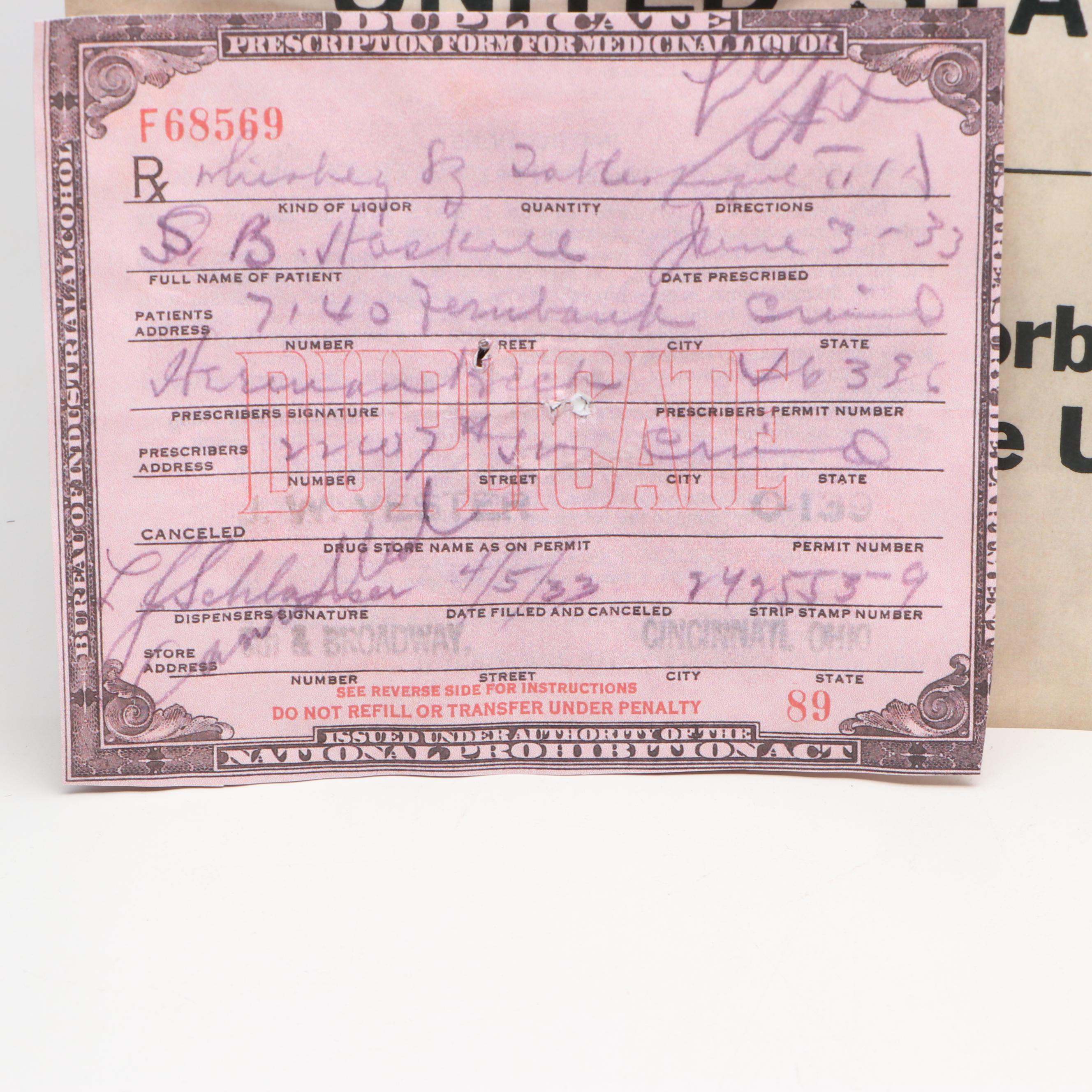Prohibition Style Whisky Prescription Form with Reproduction Sign