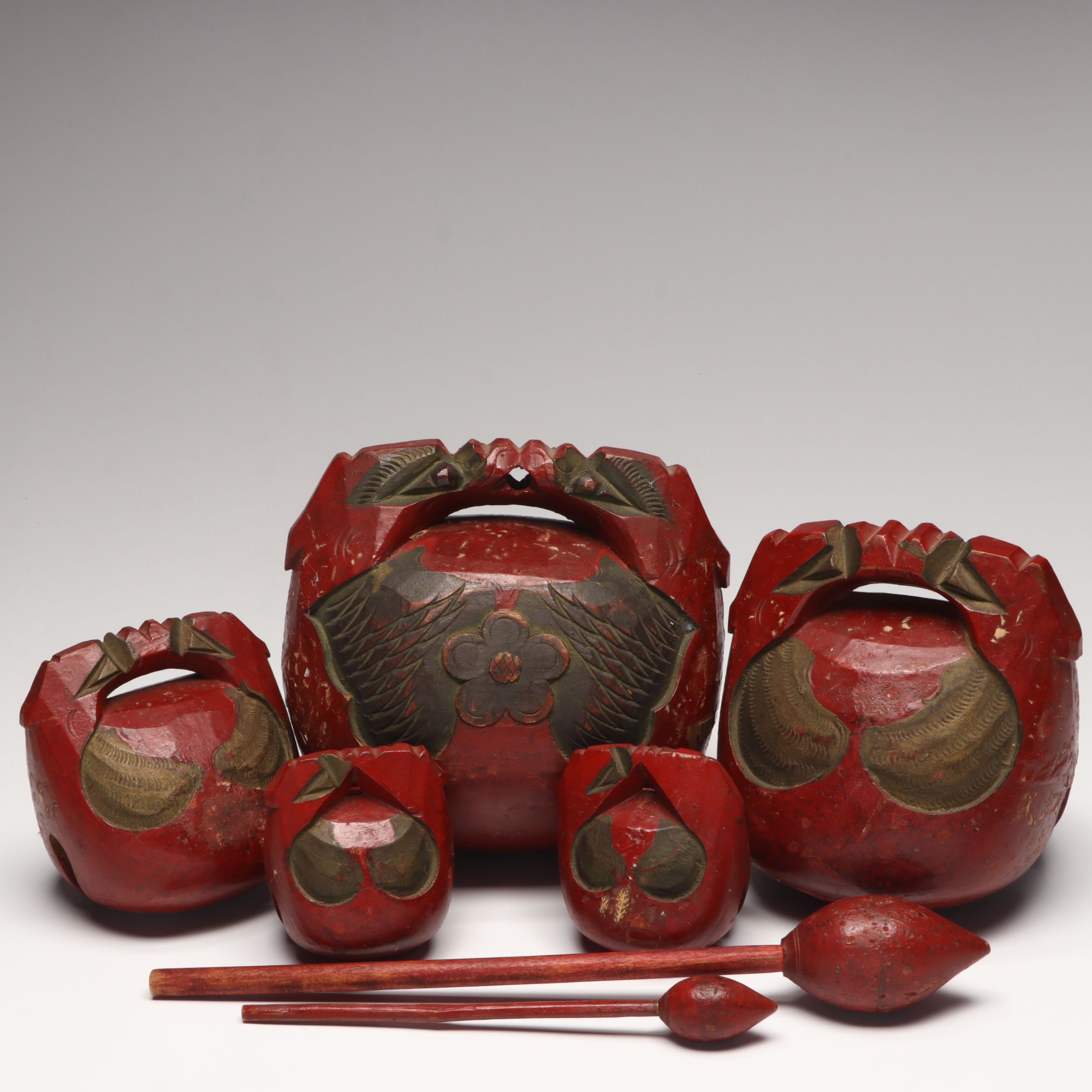 Japanese Carved Wood Mokugyo Drums with Mallets