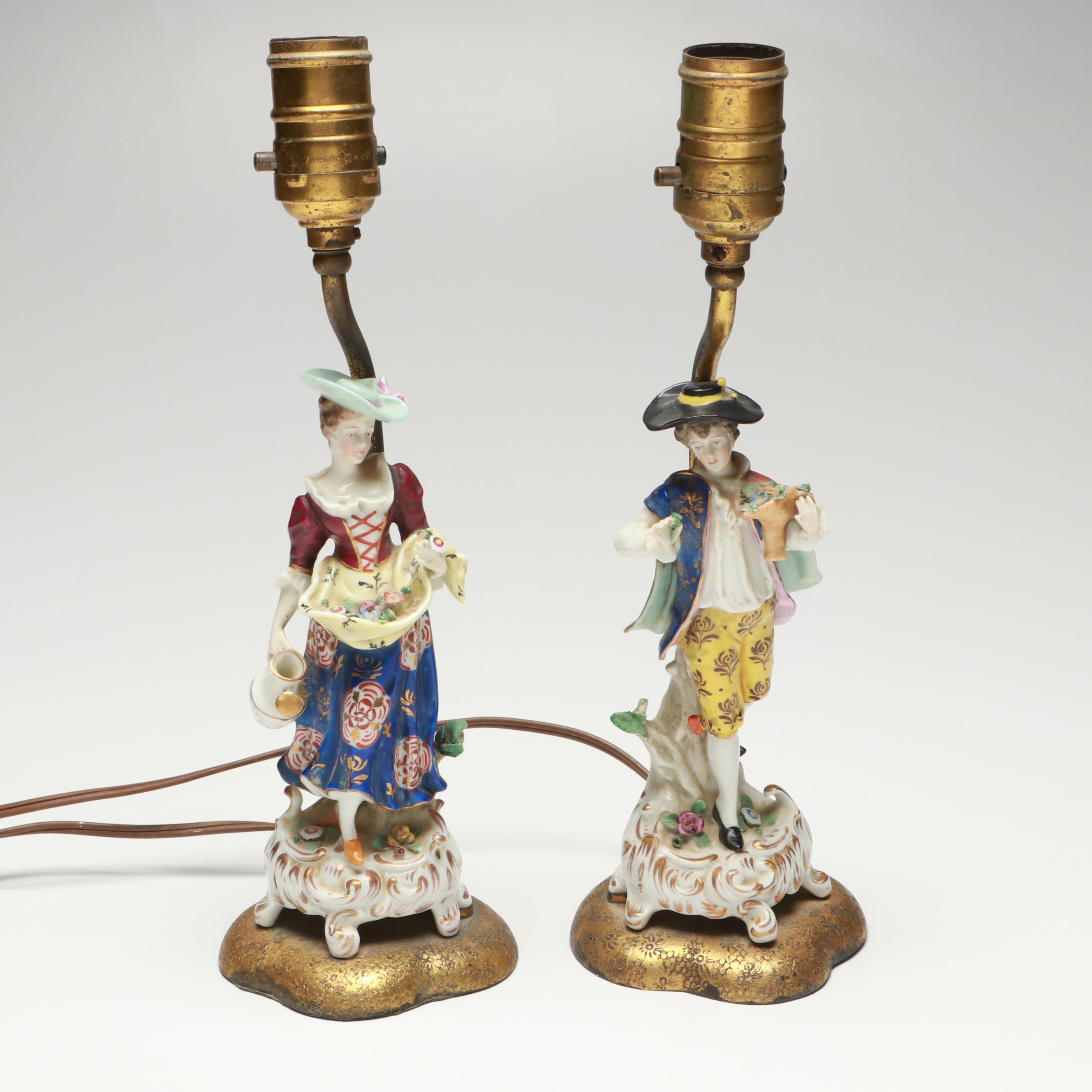 German Style Figural Porcelain Lamps with Linen Bell Shades