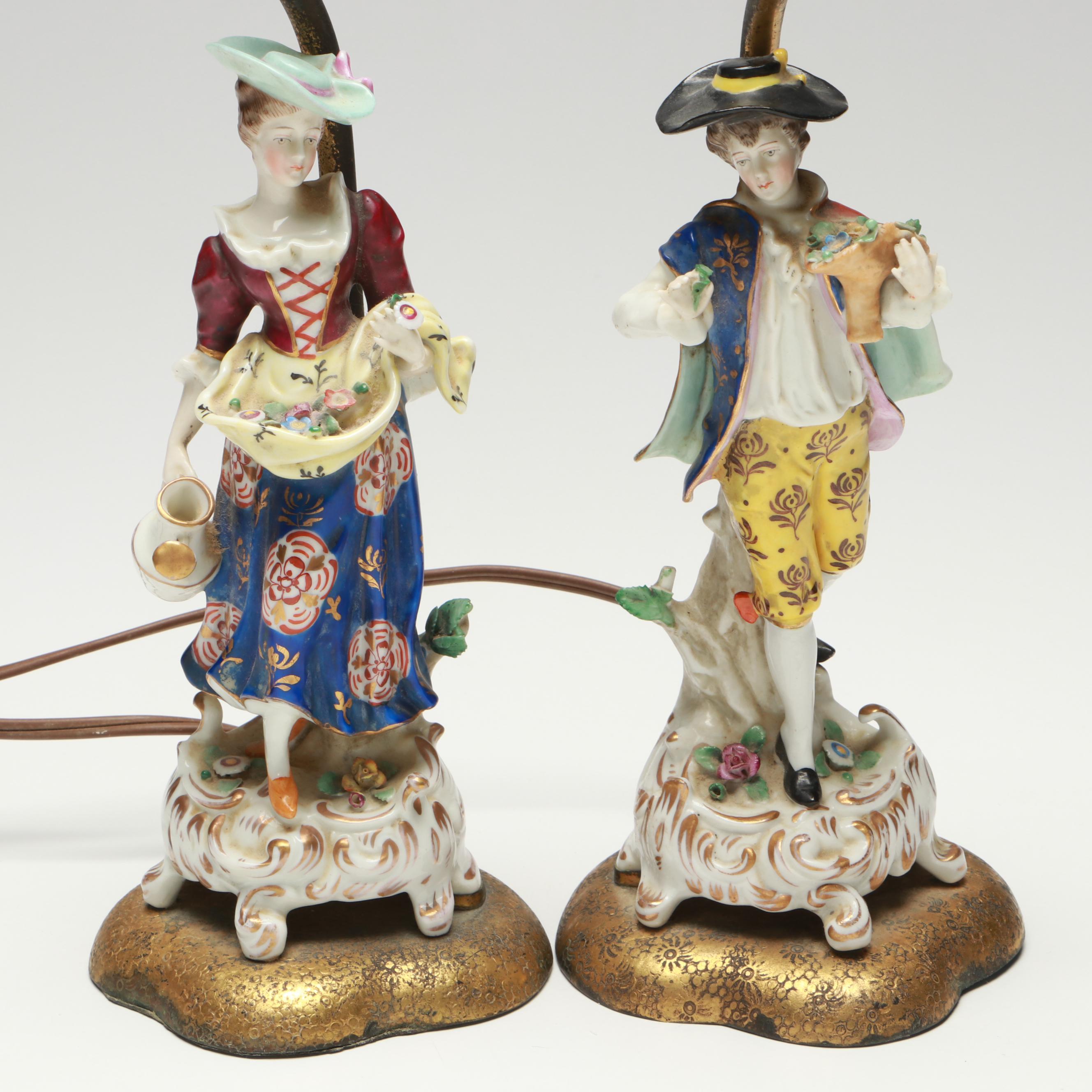German Style Figural Porcelain Lamps with Linen Bell Shades