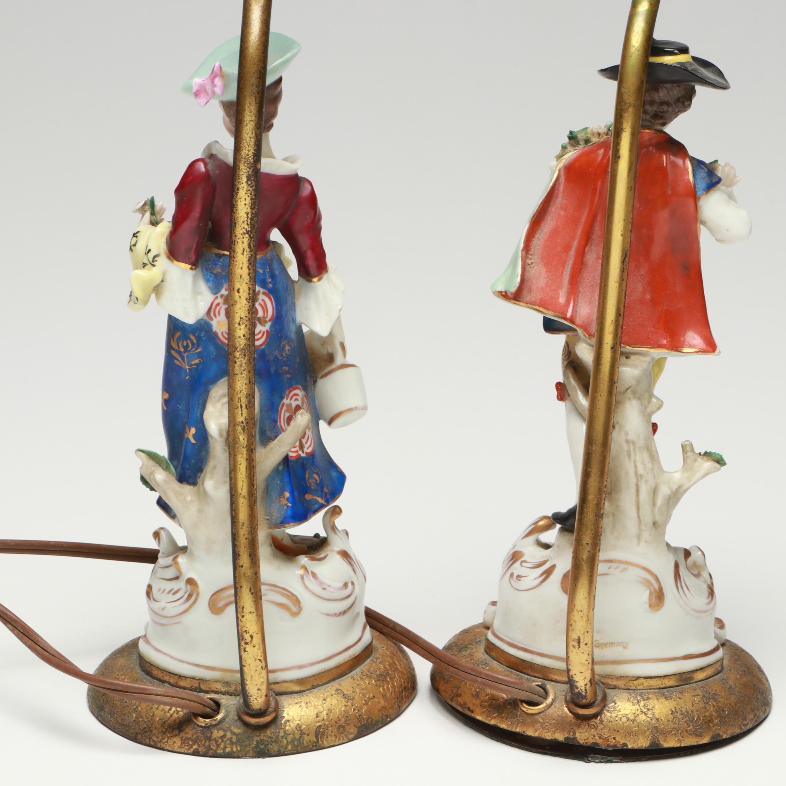 German Style Figural Porcelain Lamps with Linen Bell Shades