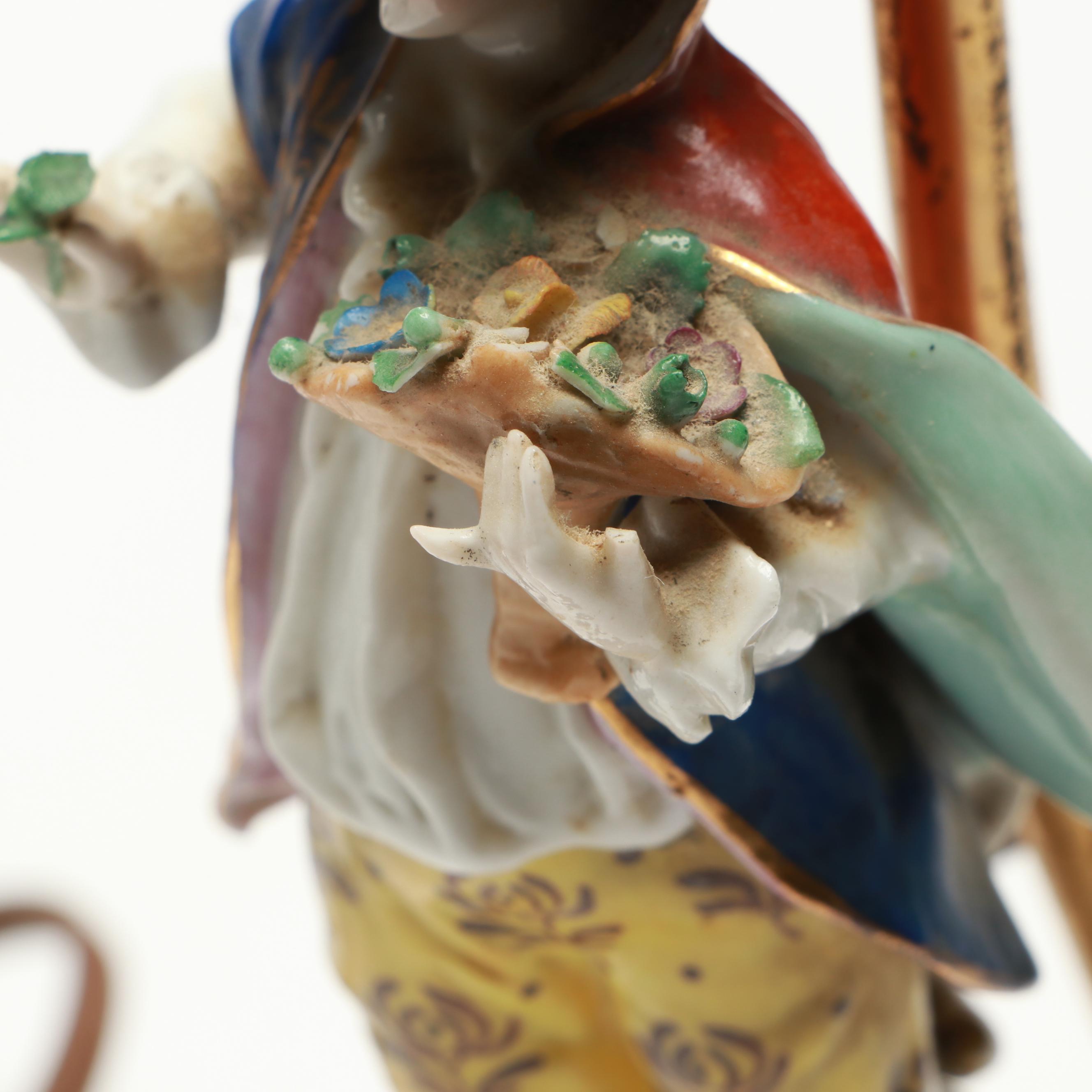 German Style Figural Porcelain Lamps with Linen Bell Shades