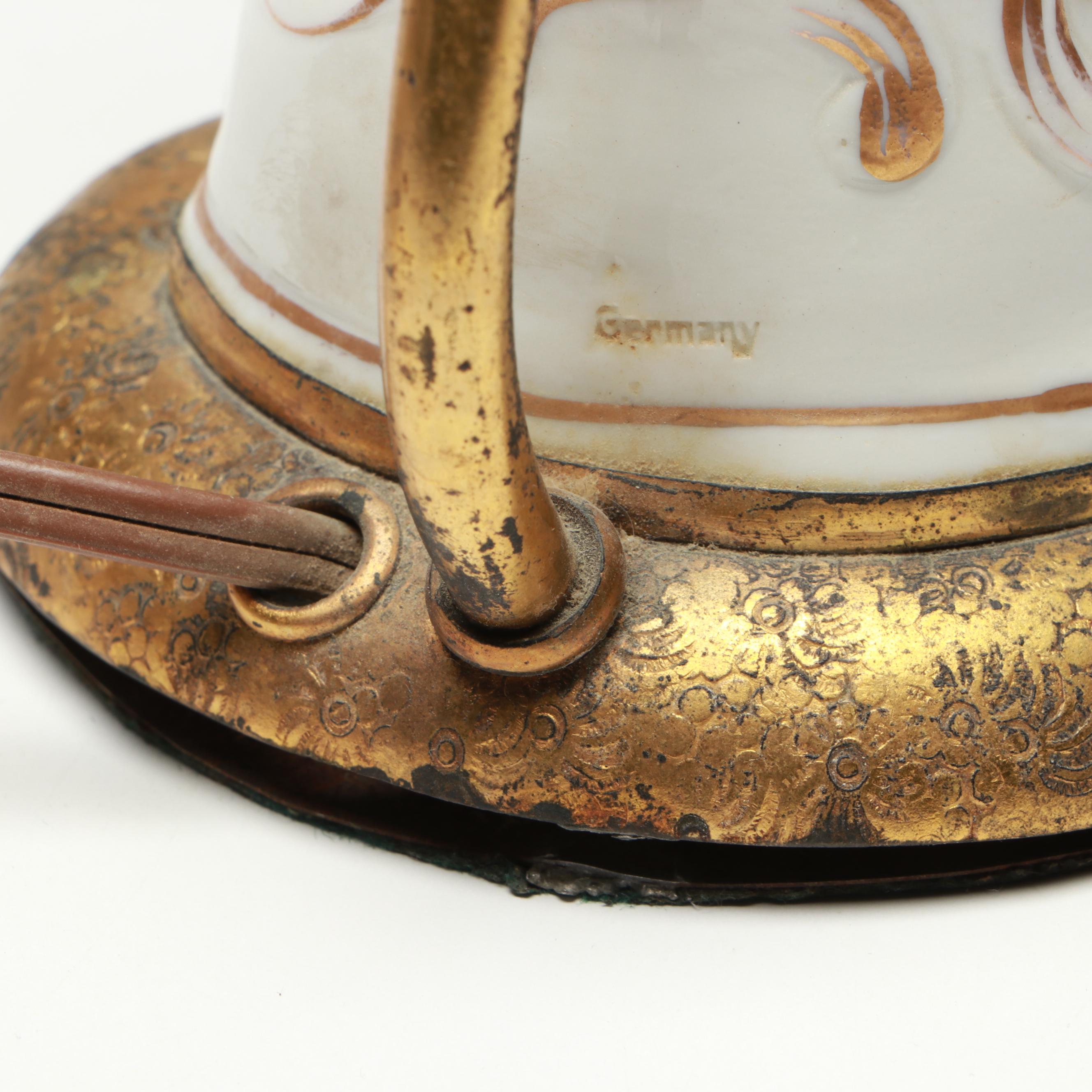 German Style Figural Porcelain Lamps with Linen Bell Shades