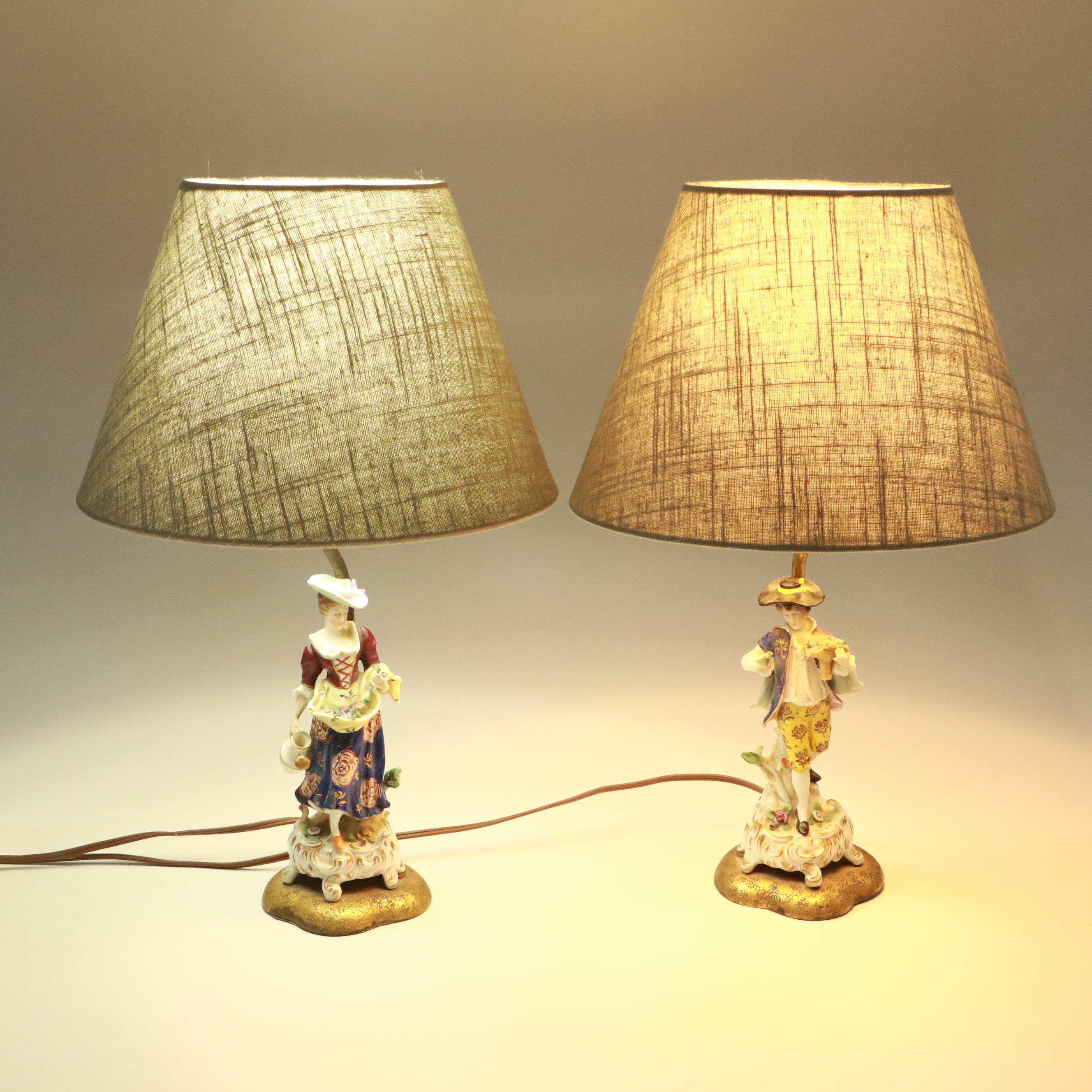 German Style Figural Porcelain Lamps with Linen Bell Shades